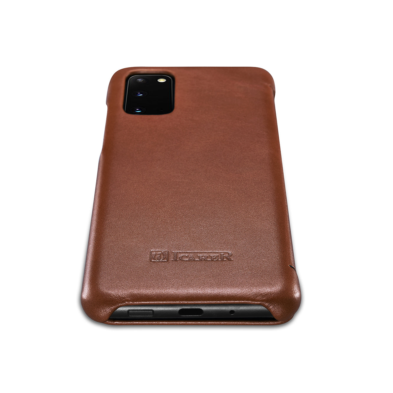 ICARER Curved Edge Genuine Leather Mobile Phone Shell for Samsung Galaxy S20 4G/S20 5G - Brown
