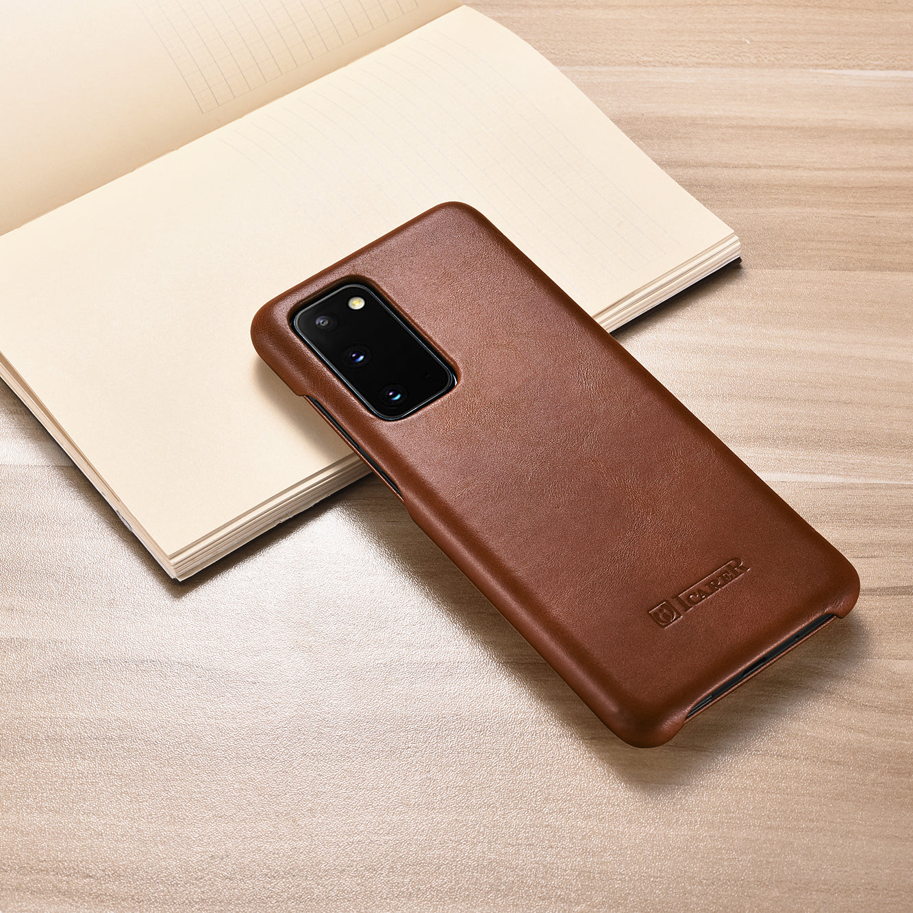 ICARER Curved Edge Genuine Leather Mobile Phone Shell for Samsung Galaxy S20 4G/S20 5G - Brown