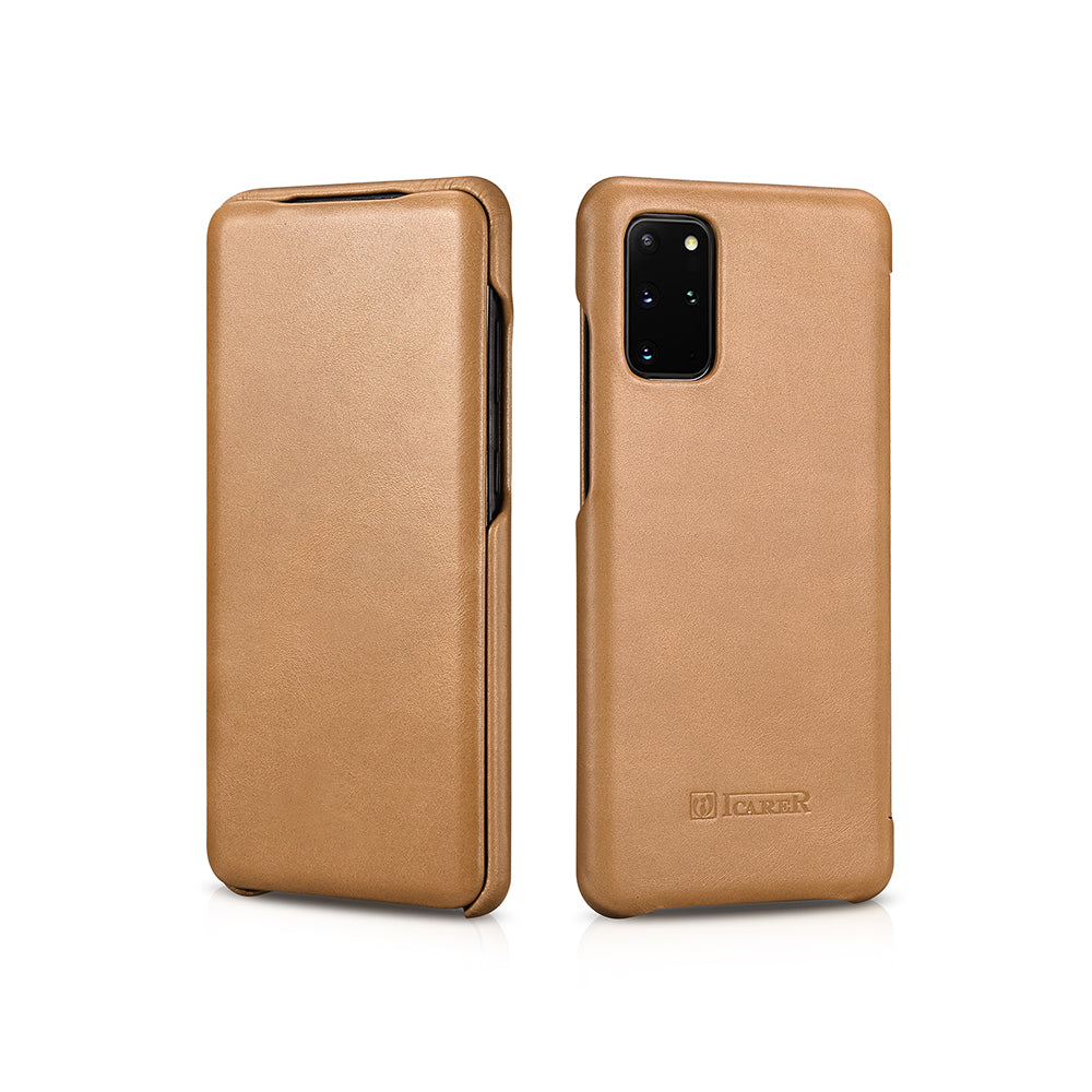 ICARER Curved Edge Vintage Genuine Leather Unique Cover for Samsung Galaxy S20 Plus - Khaki