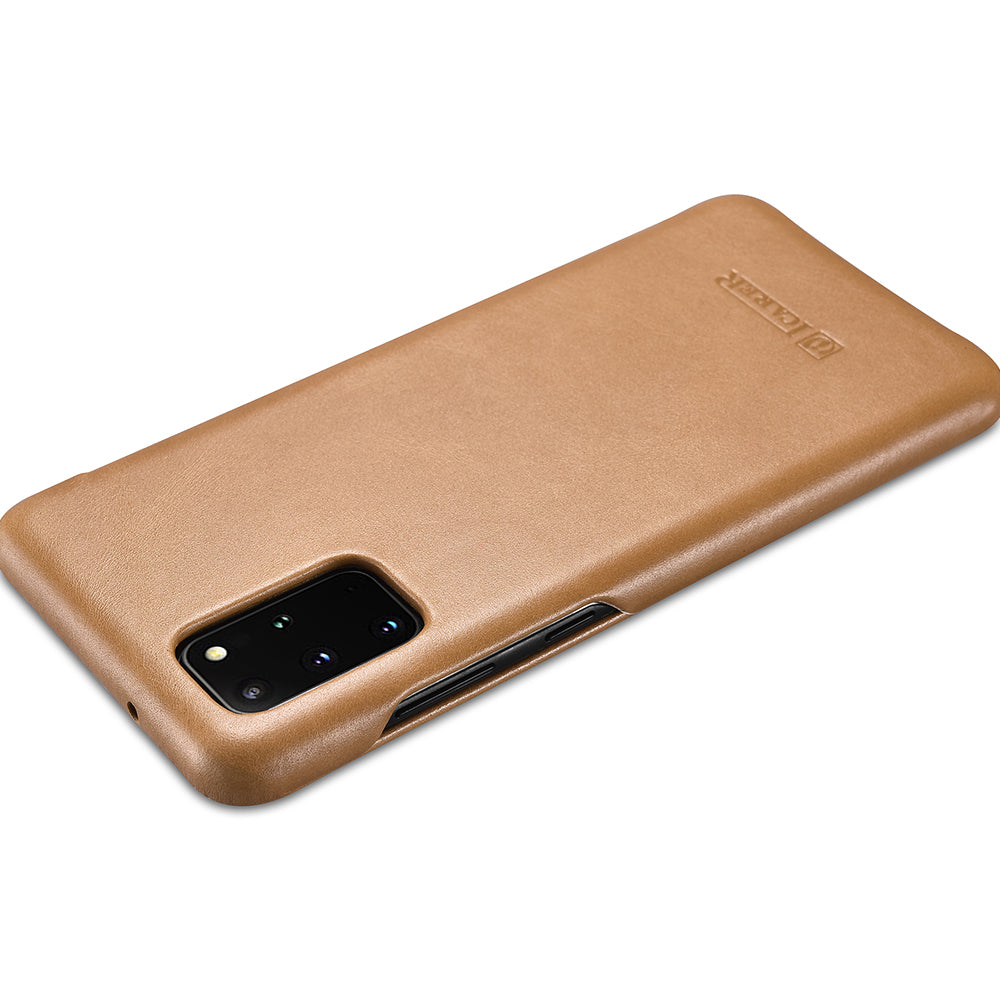 ICARER Curved Edge Vintage Genuine Leather Unique Cover for Samsung Galaxy S20 Plus - Khaki