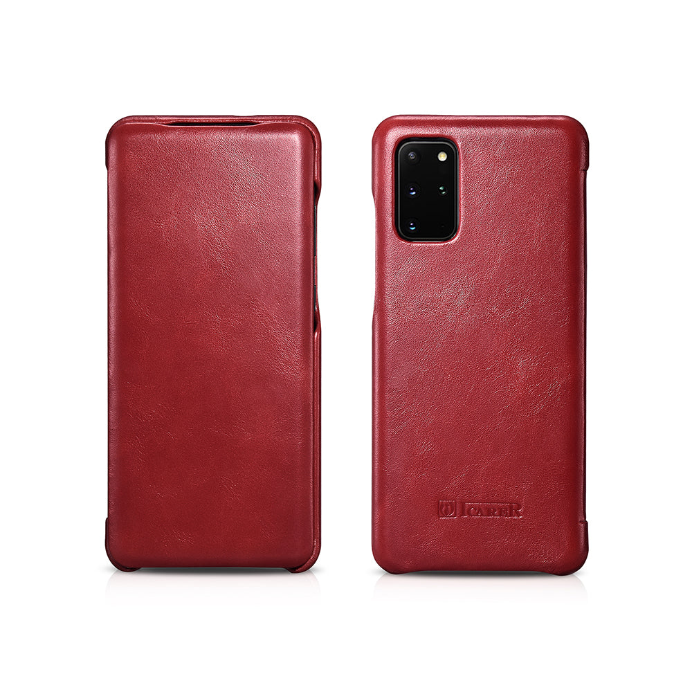 ICARER Curved Edge Vintage Genuine Leather Unique Cover for Samsung Galaxy S20 Plus - Red