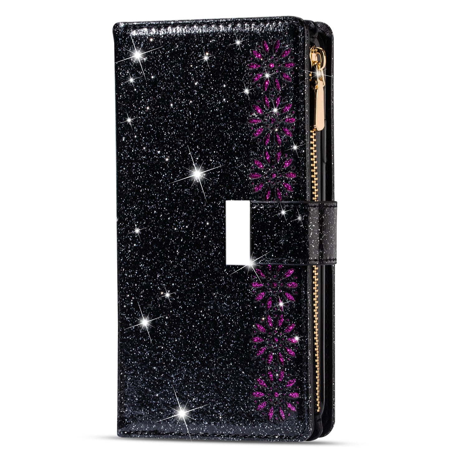 Glittery Starry Style Laser Carving Zipper Wallet Stand Leather Cover for Samsung Galaxy S20 4G/S20 5G - Black