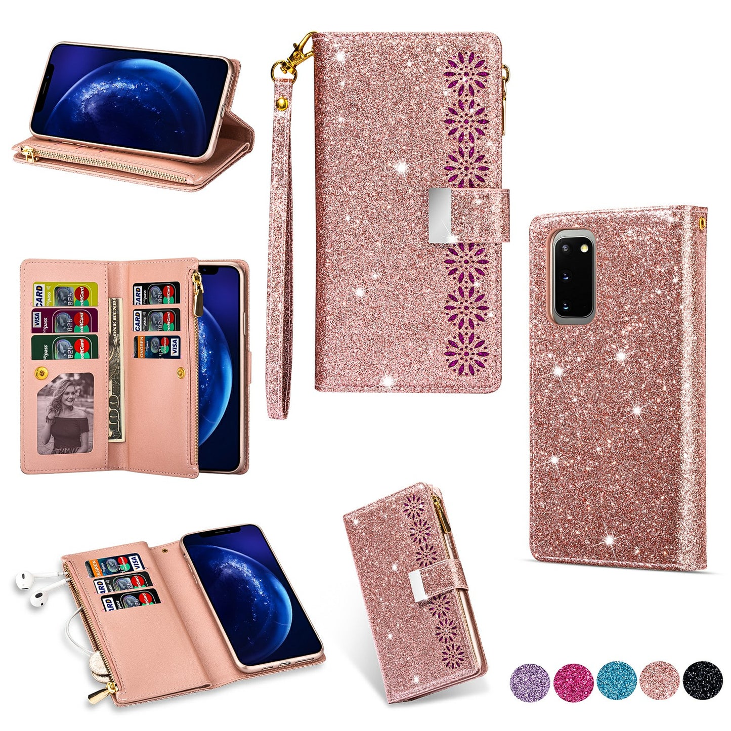 Glittery Starry Style Laser Carving Zipper Wallet Stand Leather Cover for Samsung Galaxy S20 4G/S20 5G - Rose Gold