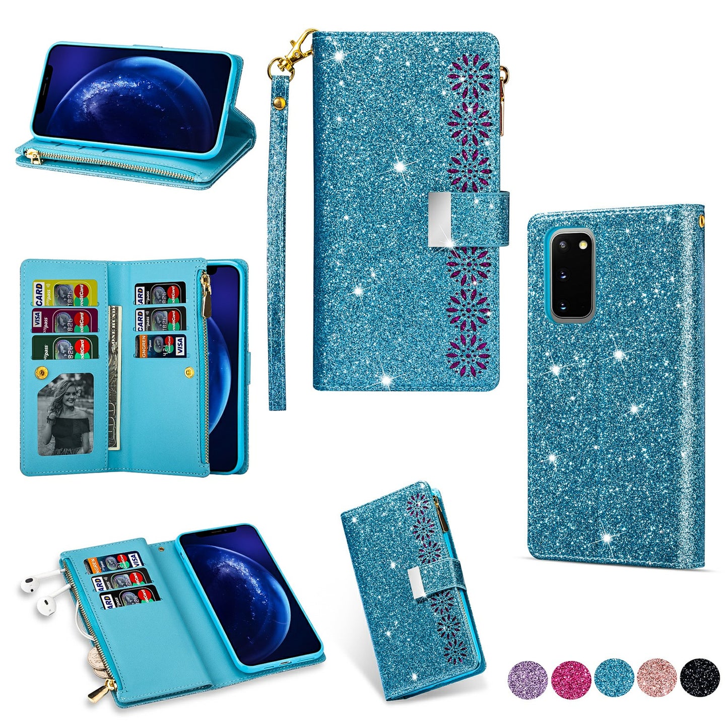 Glittery Starry Style Laser Carving Zipper Wallet Stand Leather Cover for Samsung Galaxy S20 4G/S20 5G - Blue