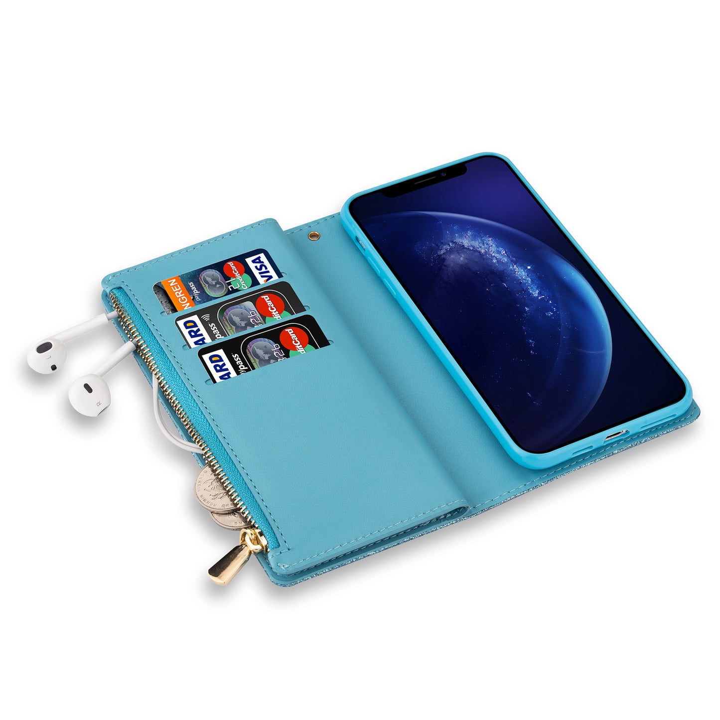 Glittery Starry Style Laser Carving Zipper Wallet Stand Leather Cover for Samsung Galaxy S20 4G/S20 5G - Blue