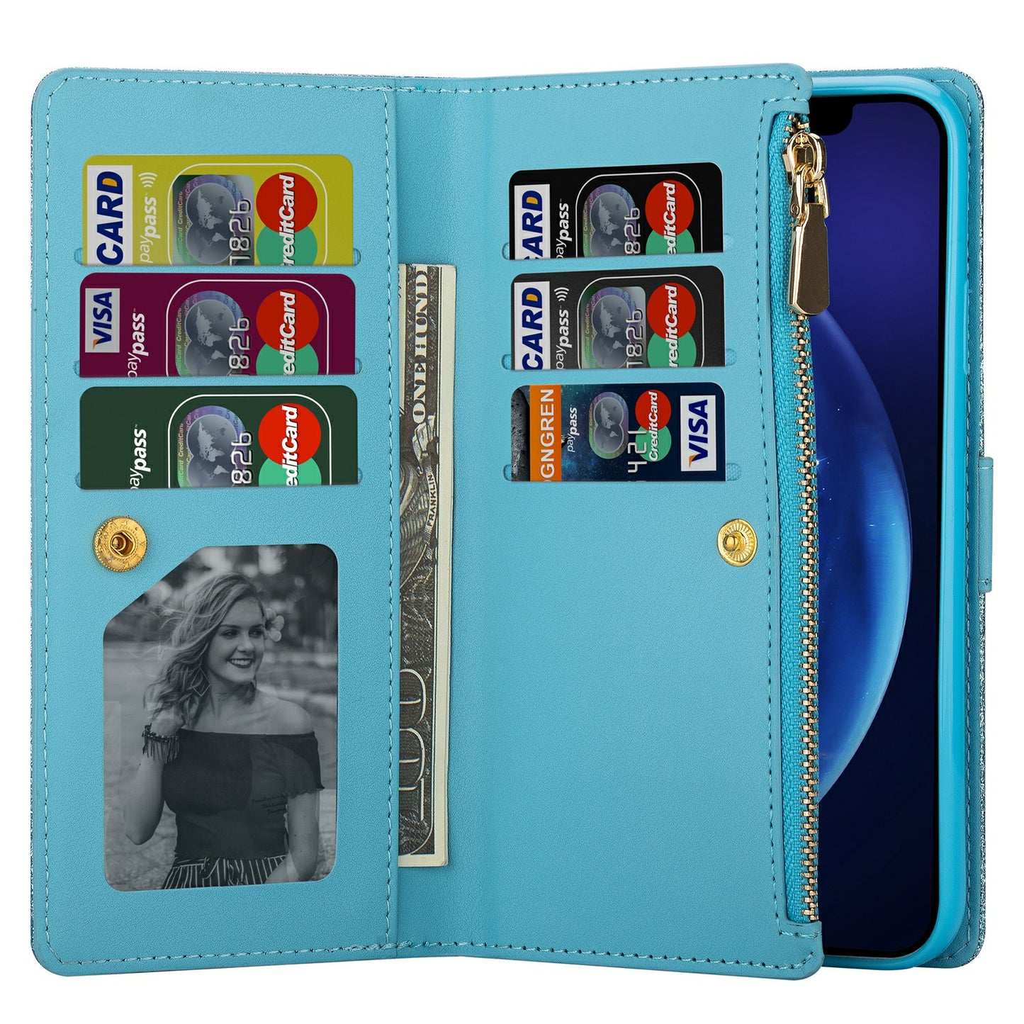 Glittery Starry Style Laser Carving Zipper Wallet Stand Leather Cover for Samsung Galaxy S20 4G/S20 5G - Blue