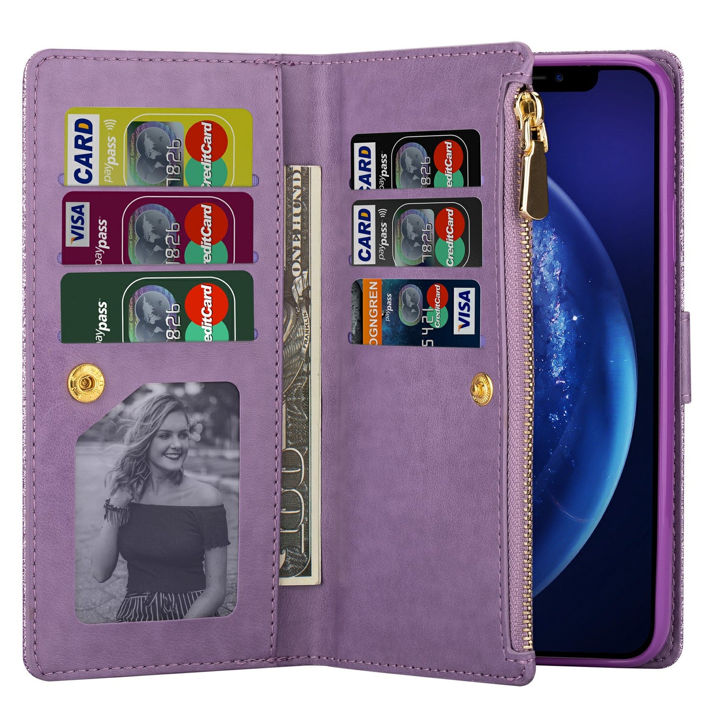 Glittery Starry Style Laser Carving Zipper Wallet Stand Leather Cover for Samsung Galaxy S20 4G/S20 5G - Purple
