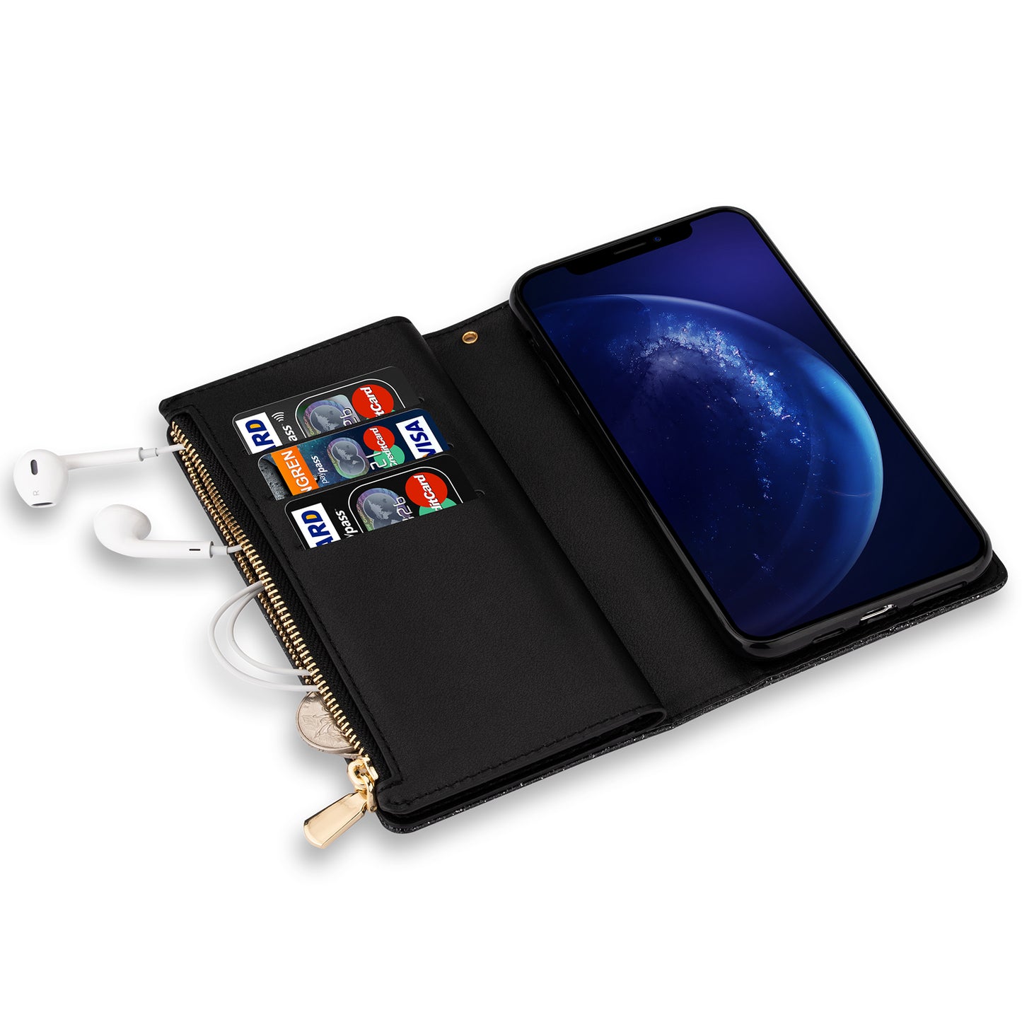 Glittery Starry Style Laser Carving Zipper Wallet Stand Leather Case for Samsung Galaxy S20 Plus / S20 Plus 5G - Black