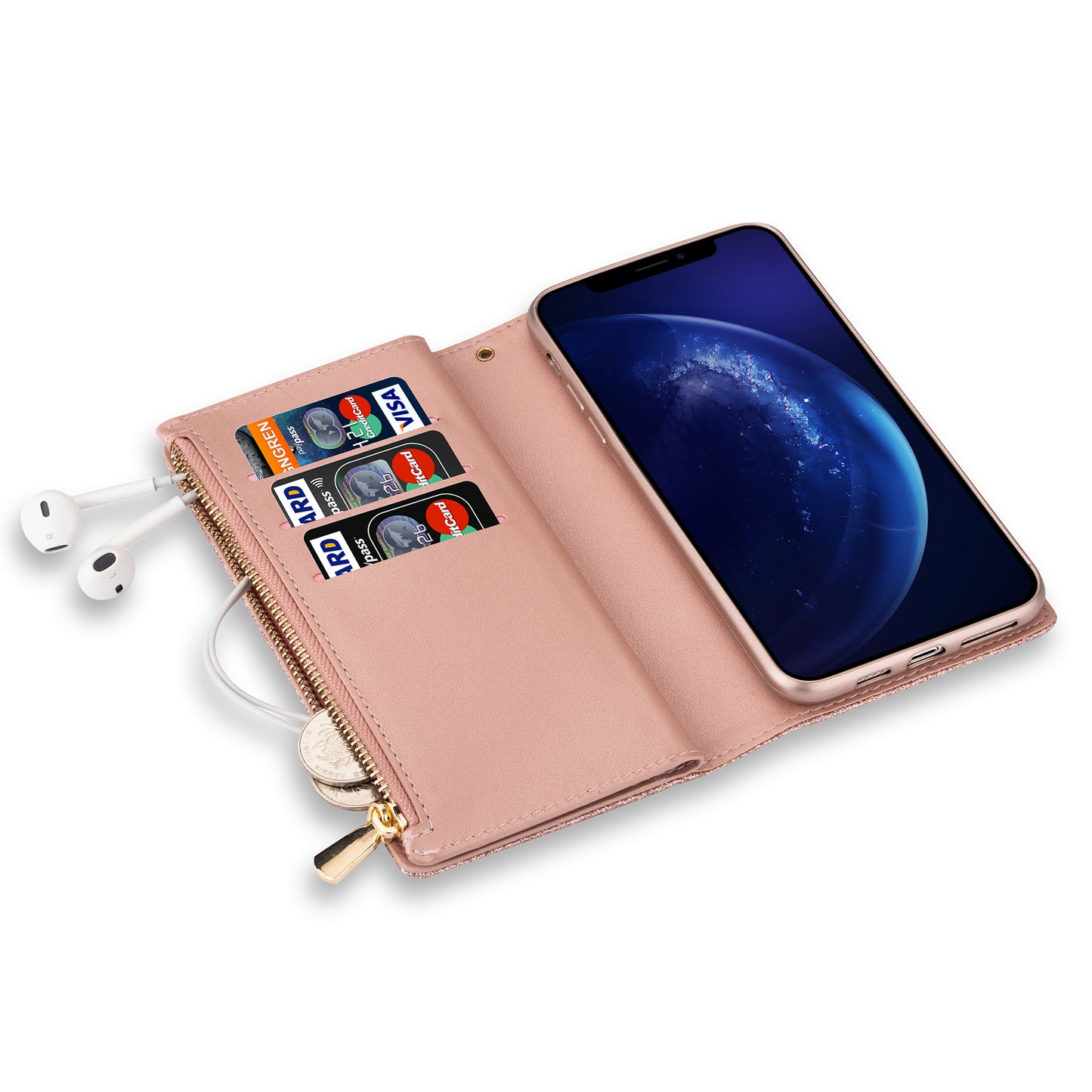 Glittery Starry Style Laser Carving Zipper Wallet Stand Leather Case for Samsung Galaxy S20 Plus / S20 Plus 5G - Rose Gold