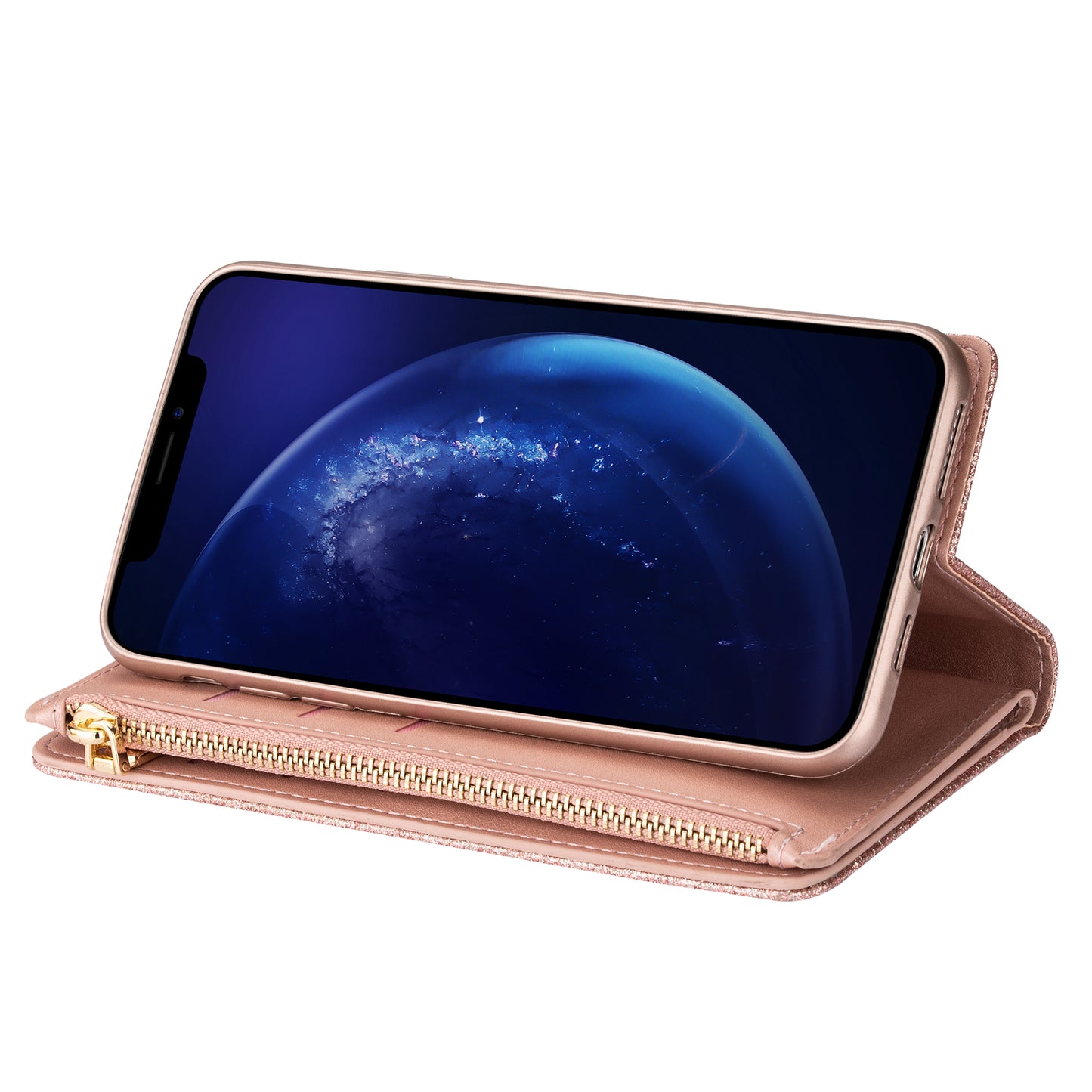 Glittery Starry Style Laser Carving Zipper Wallet Stand Leather Case for Samsung Galaxy S20 Plus / S20 Plus 5G - Rose Gold