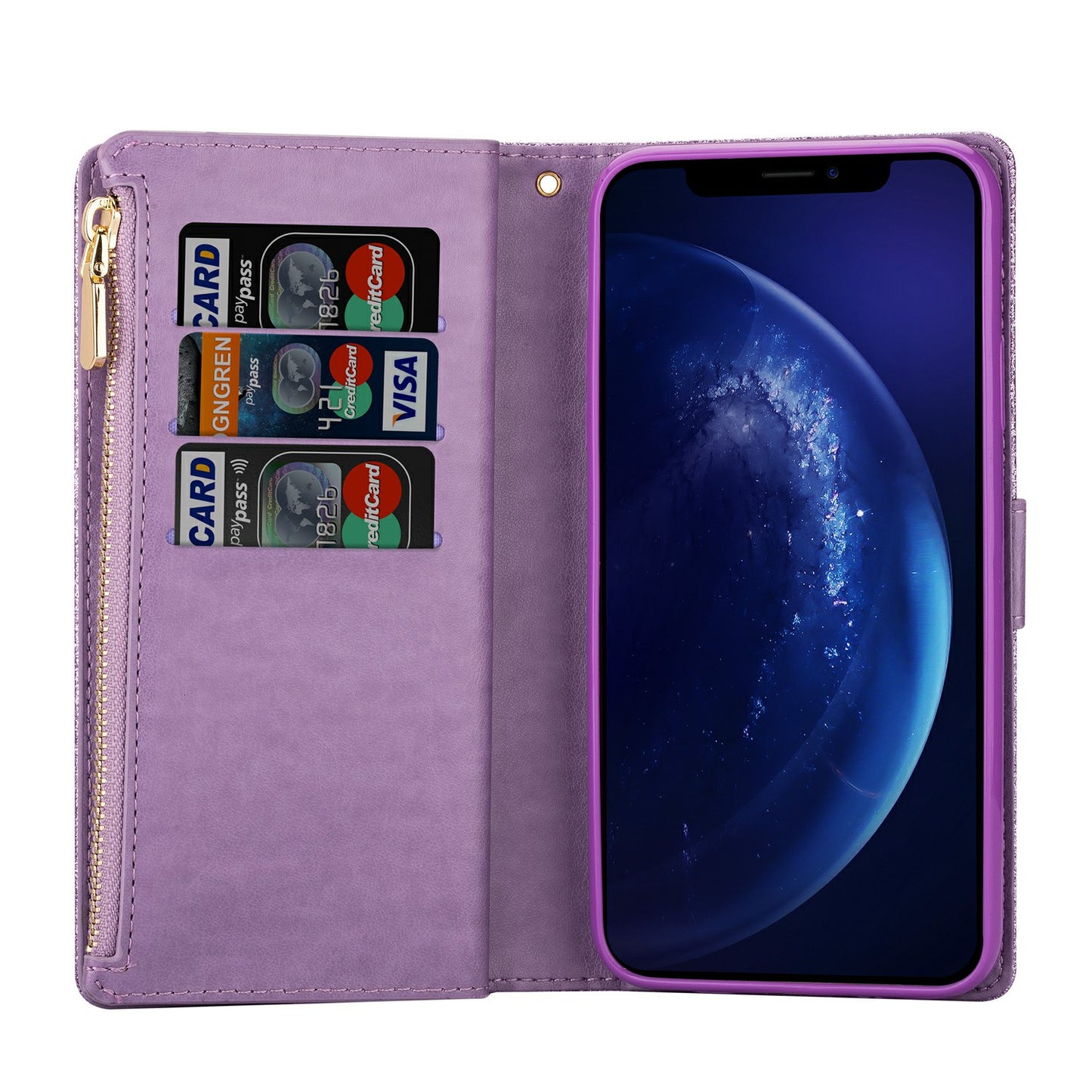 Glittery Starry Style Laser Carving Zipper Wallet Stand Leather Case for Samsung Galaxy S20 Plus / S20 Plus 5G - Purple