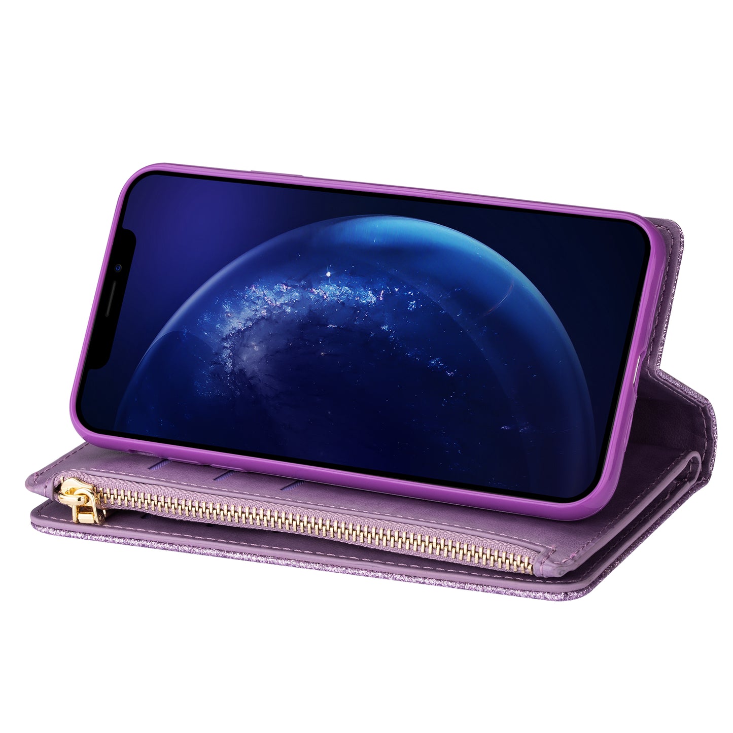 Glittery Starry Style Laser Carving Zipper Wallet Stand Leather Case for Samsung Galaxy S20 Plus / S20 Plus 5G - Purple