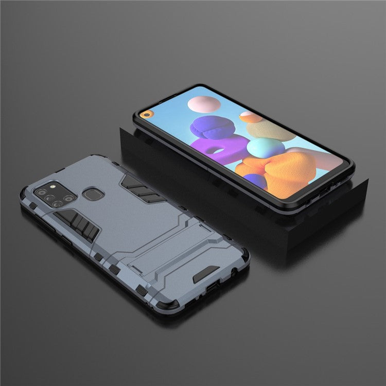 Shockproof Mobile Phone Covering Shell Hard Plastic + TPU Phone Case with Kickstand for Samsung Galaxy A21s - Blue
