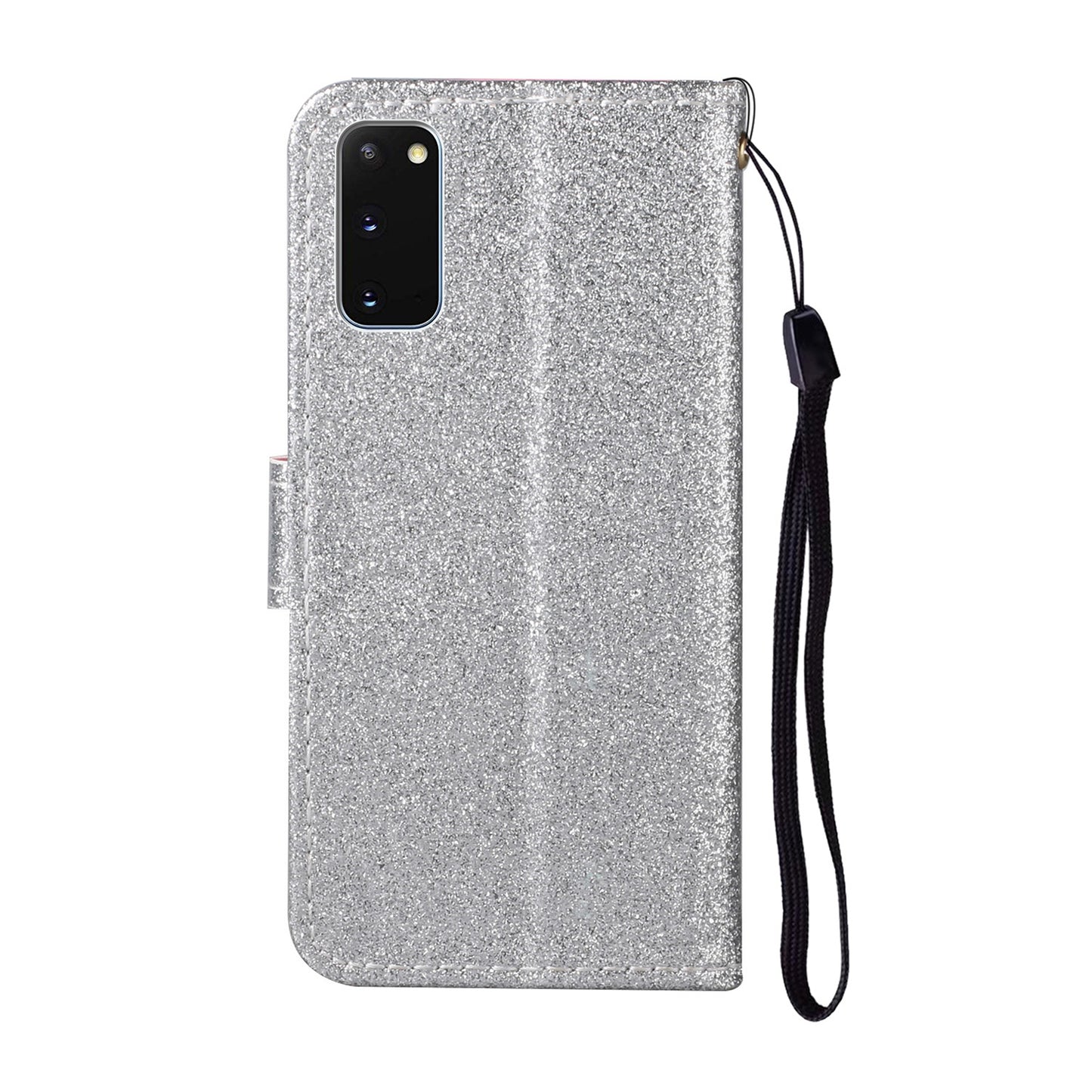 Glitter Powder Flower Decor Leather Stand Wallet Case for Samsung Galaxy S20 4G/S20 5G - Silver