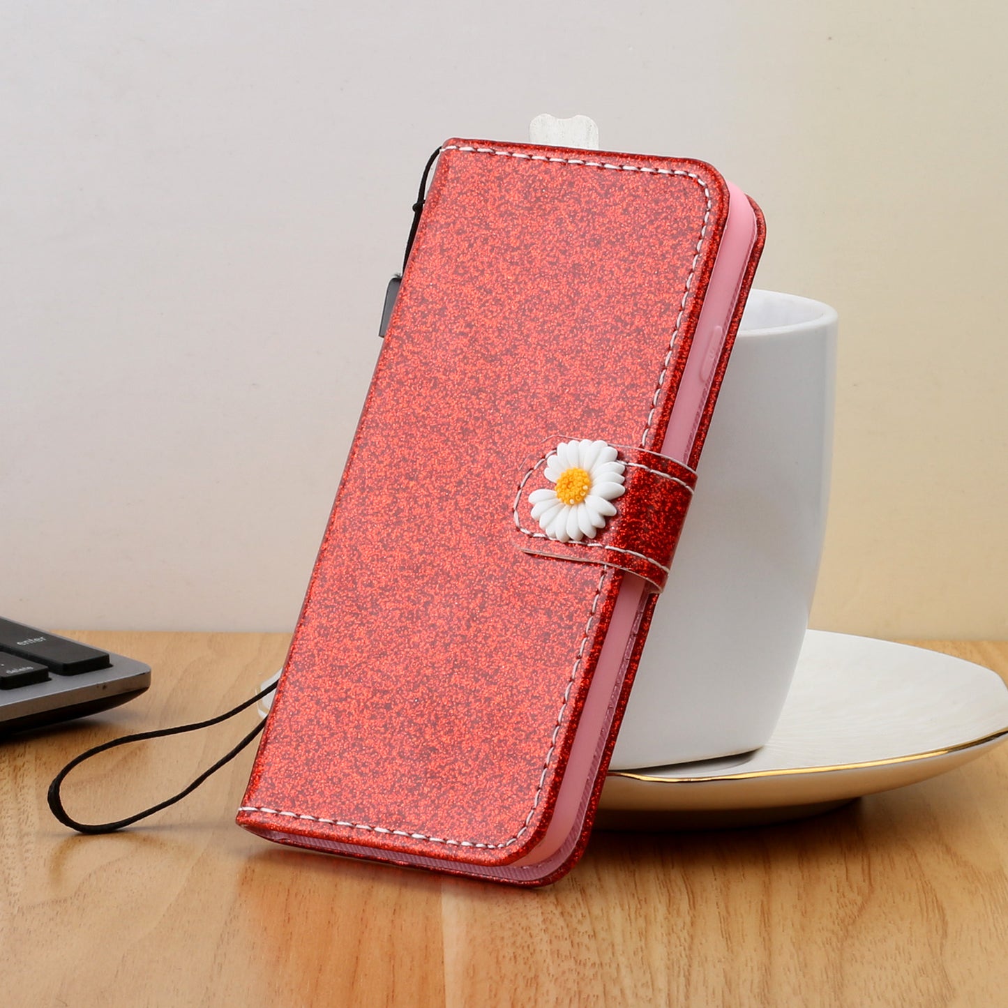 Glitter Powder Flower Decor Leather Stand Wallet Case for Samsung Galaxy S20 4G/S20 5G - Red