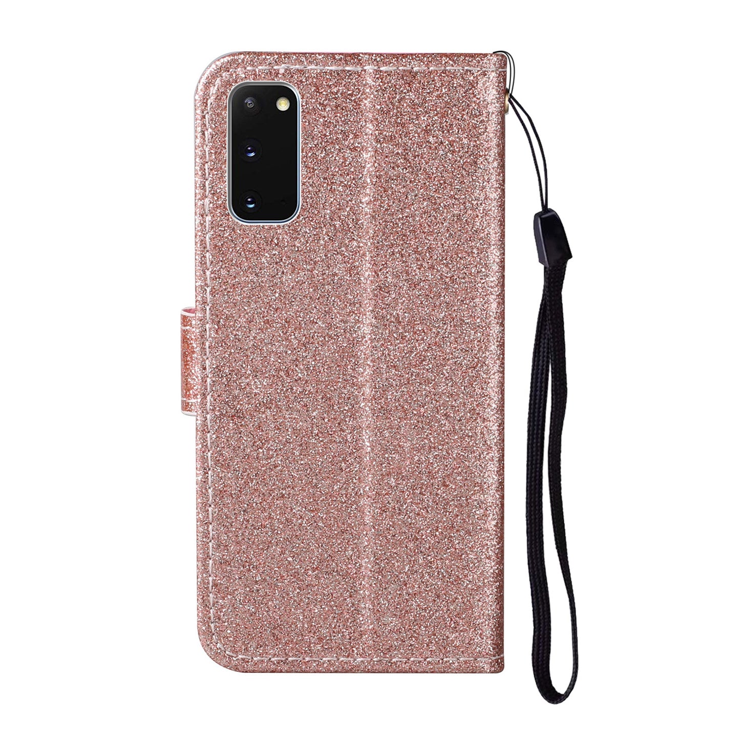 Glitter Powder Flower Decor Leather Stand Wallet Case for Samsung Galaxy S20 4G/S20 5G - Rose Gold