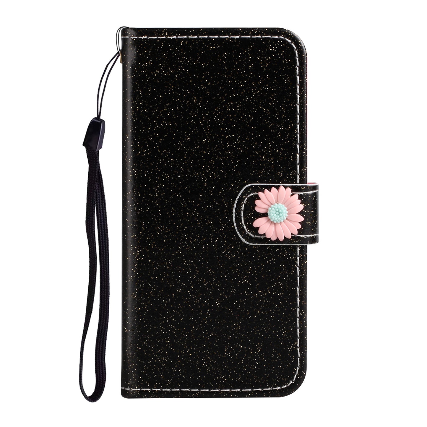 Glitter Powder Flower Decor Leather Stand Wallet Case for Samsung Galaxy S20 Plus / S20 Plus 5G - Black