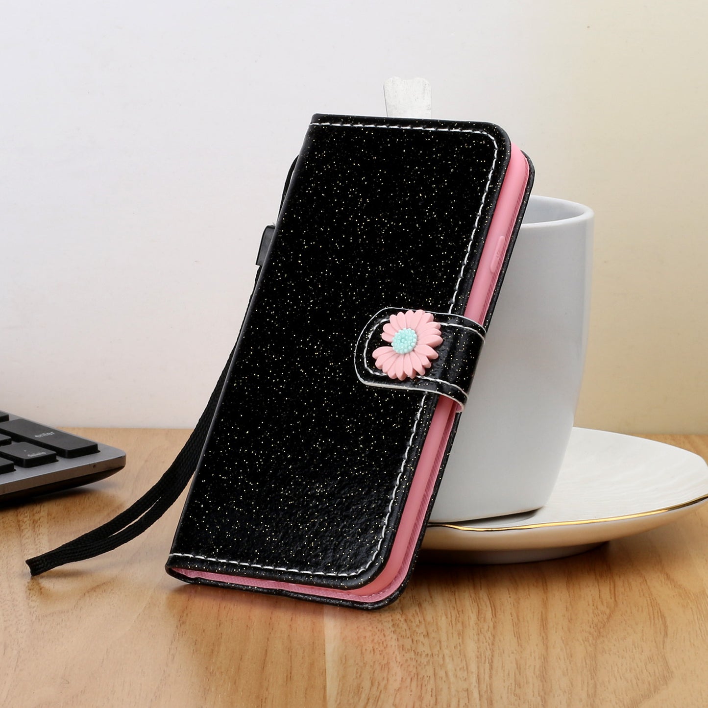 Glitter Powder Flower Decor Leather Stand Wallet Case for Samsung Galaxy S20 Plus / S20 Plus 5G - Black