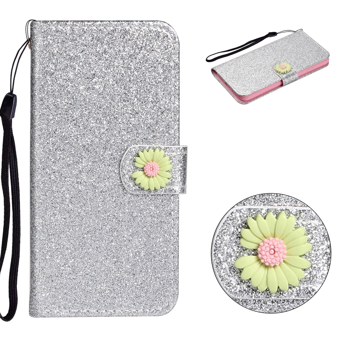 Glitter Powder Flower Decor Leather Stand Wallet Case for Samsung Galaxy S20 Plus / S20 Plus 5G - Silver