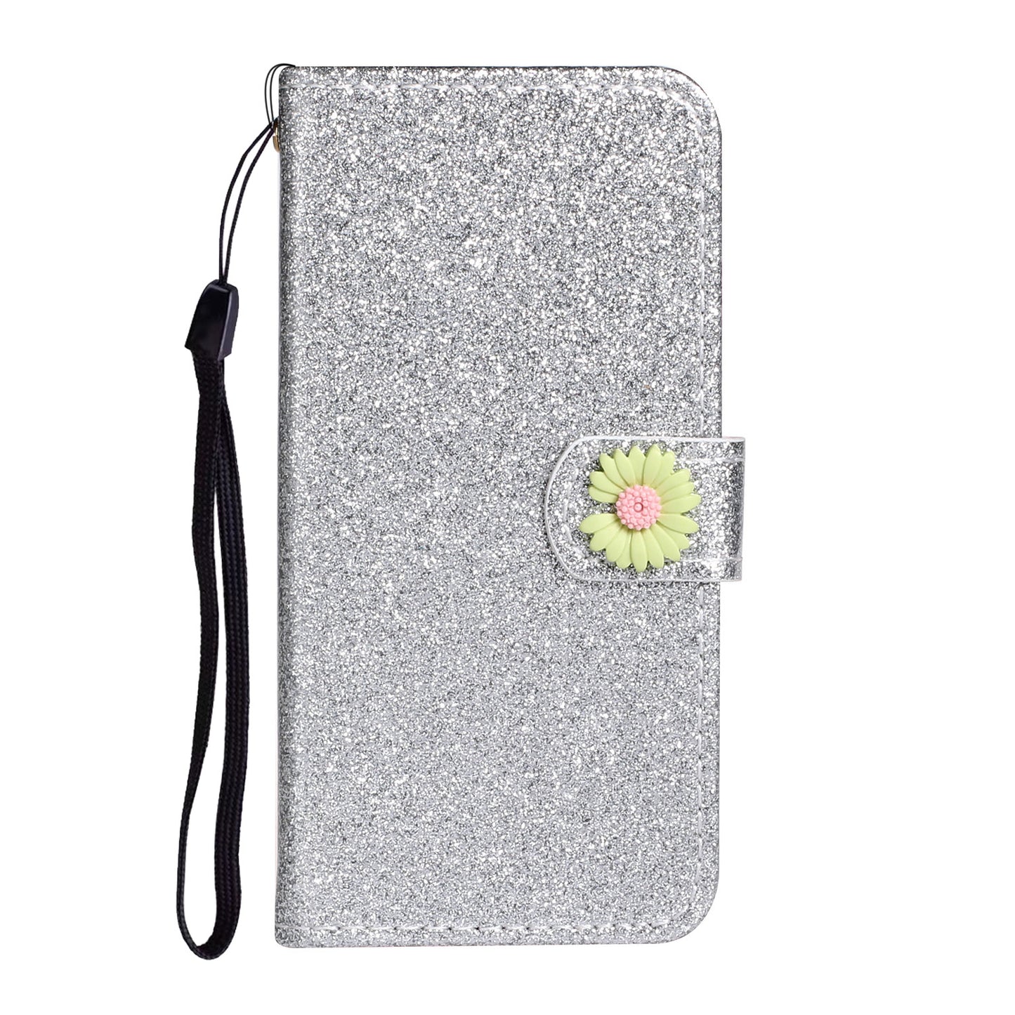 Glitter Powder Flower Decor Leather Stand Wallet Case for Samsung Galaxy S20 Plus / S20 Plus 5G - Silver