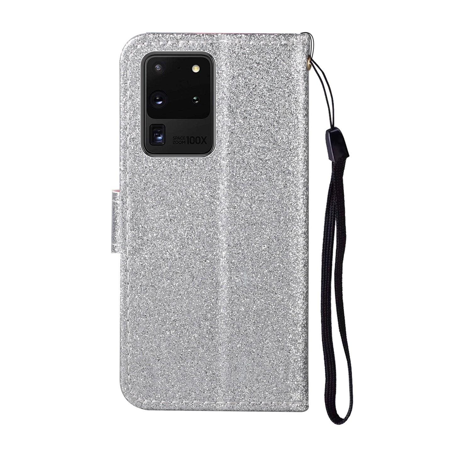 Glitter Powder Flower Decor Leather Stand Wallet Case for Samsung Galaxy S20 Plus / S20 Plus 5G - Silver