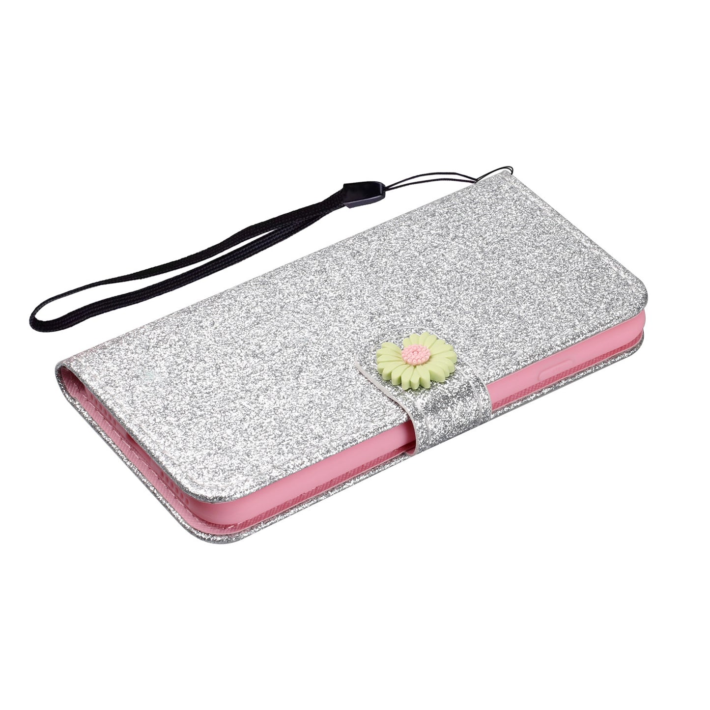 Glitter Powder Flower Decor Leather Stand Wallet Case for Samsung Galaxy S20 Plus / S20 Plus 5G - Silver