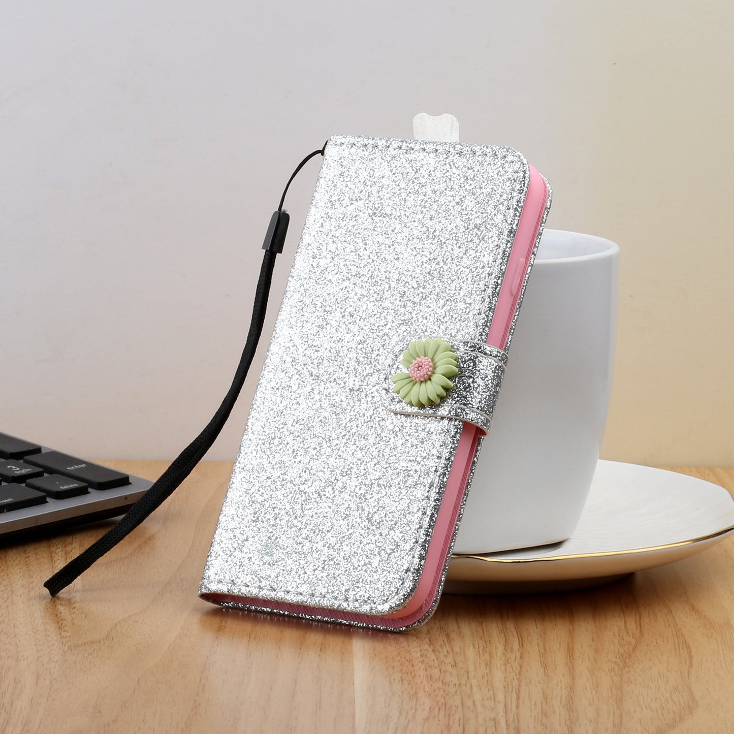 Glitter Powder Flower Decor Leather Stand Wallet Case for Samsung Galaxy S20 Plus / S20 Plus 5G - Silver