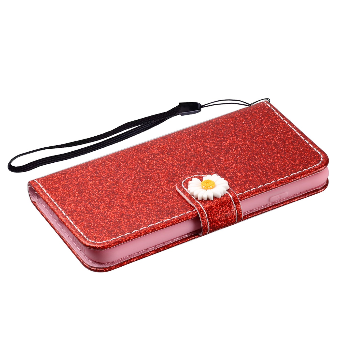 Glitter Powder Flower Decor Leather Stand Wallet Case for Samsung Galaxy S20 Plus / S20 Plus 5G - Red