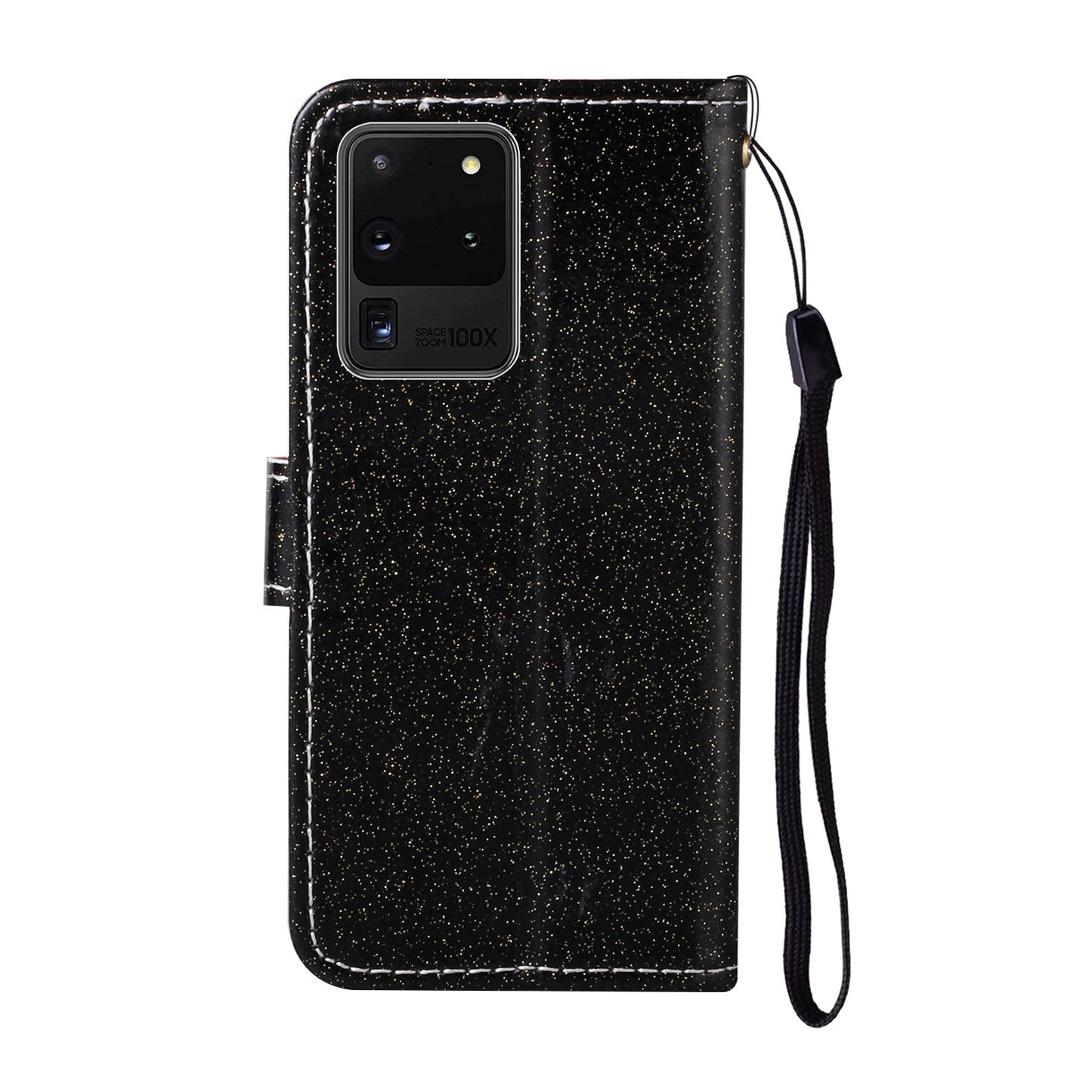 Glitter Powder Flower Decor Leather Stand Wallet Case for Samsung Galaxy S20 Ultra - Black