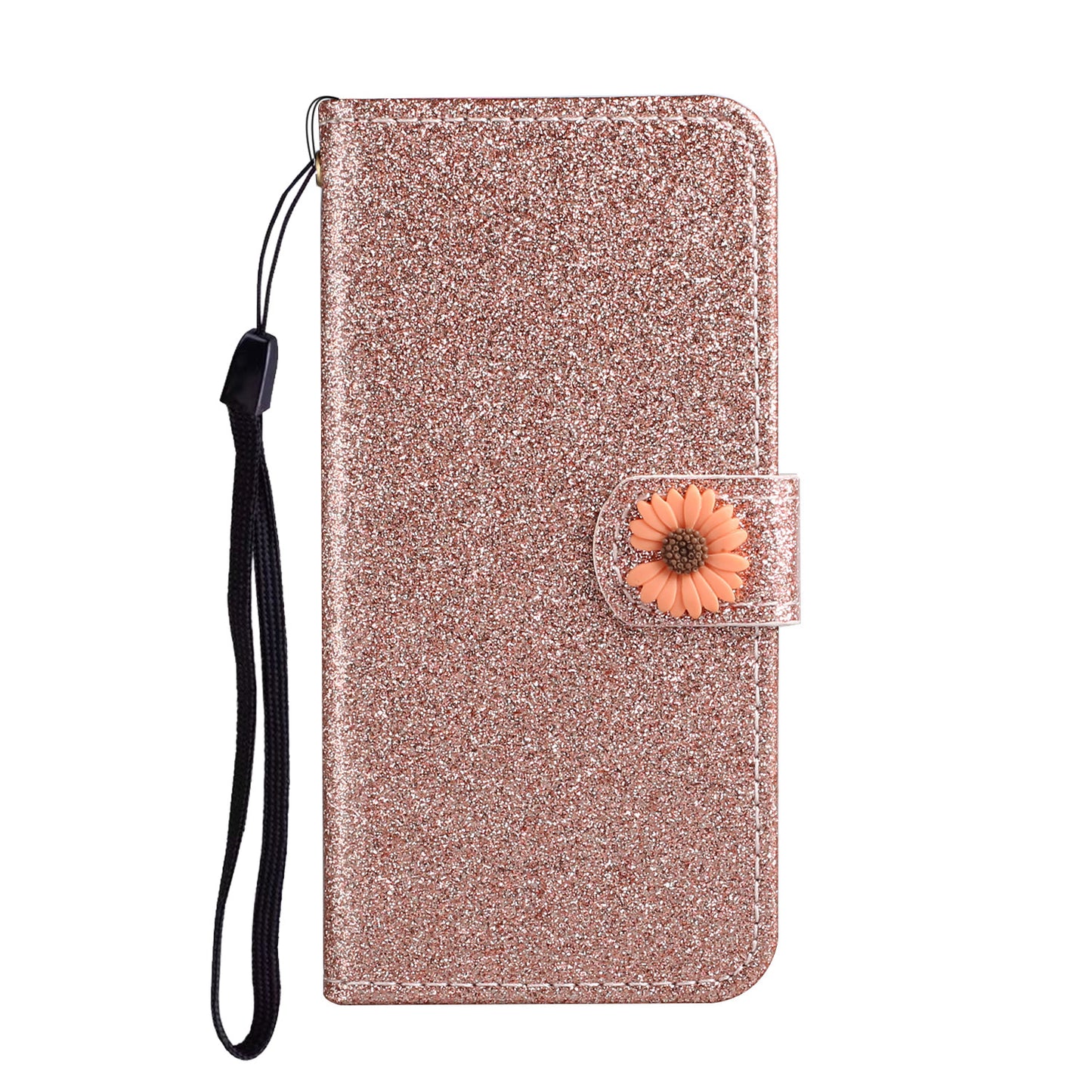Glitter Powder Flower Decor Leather Stand Wallet Case for Samsung Galaxy S20 Ultra - Rose Gold