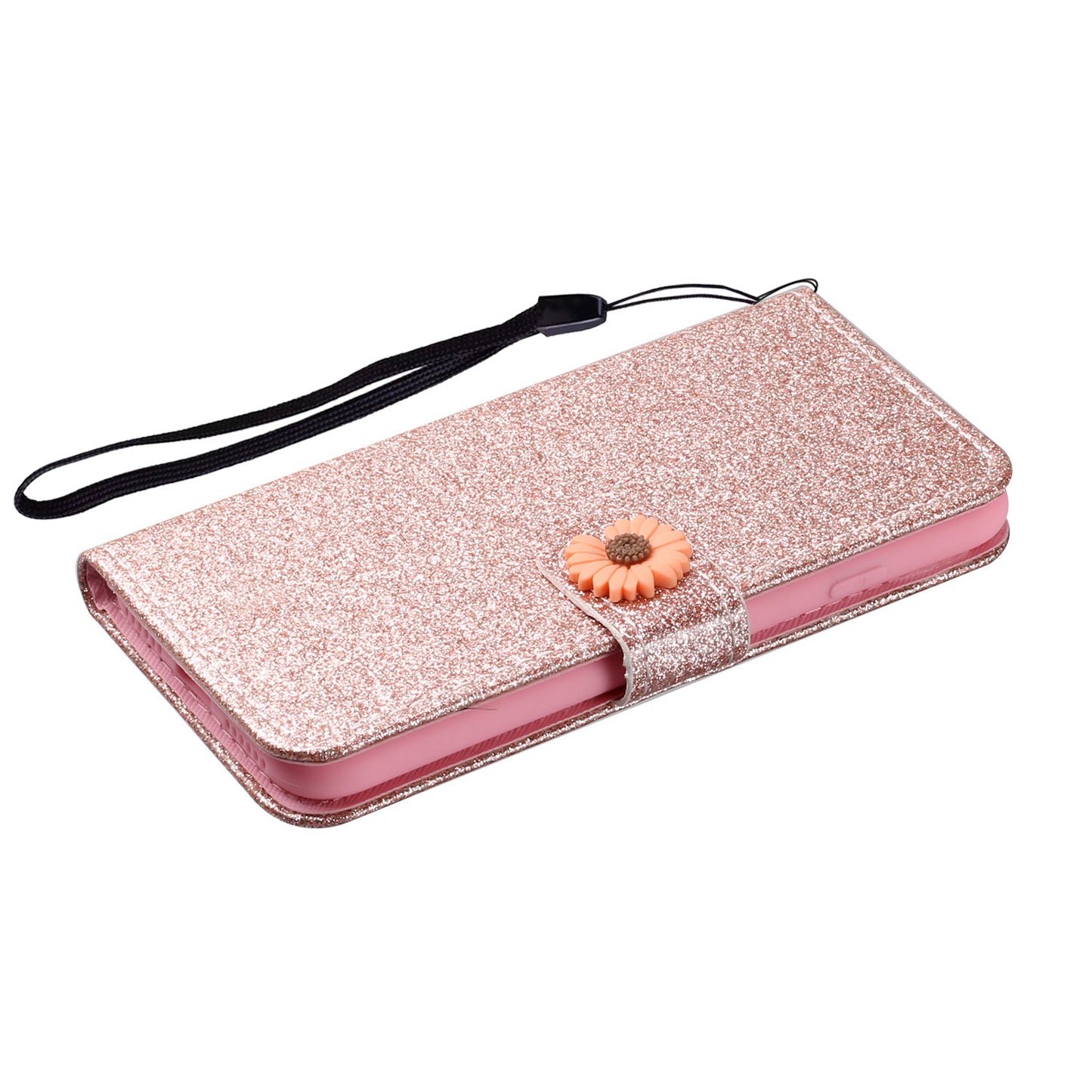 Glitter Powder Flower Decor Leather Stand Wallet Case for Samsung Galaxy S20 Ultra - Rose Gold