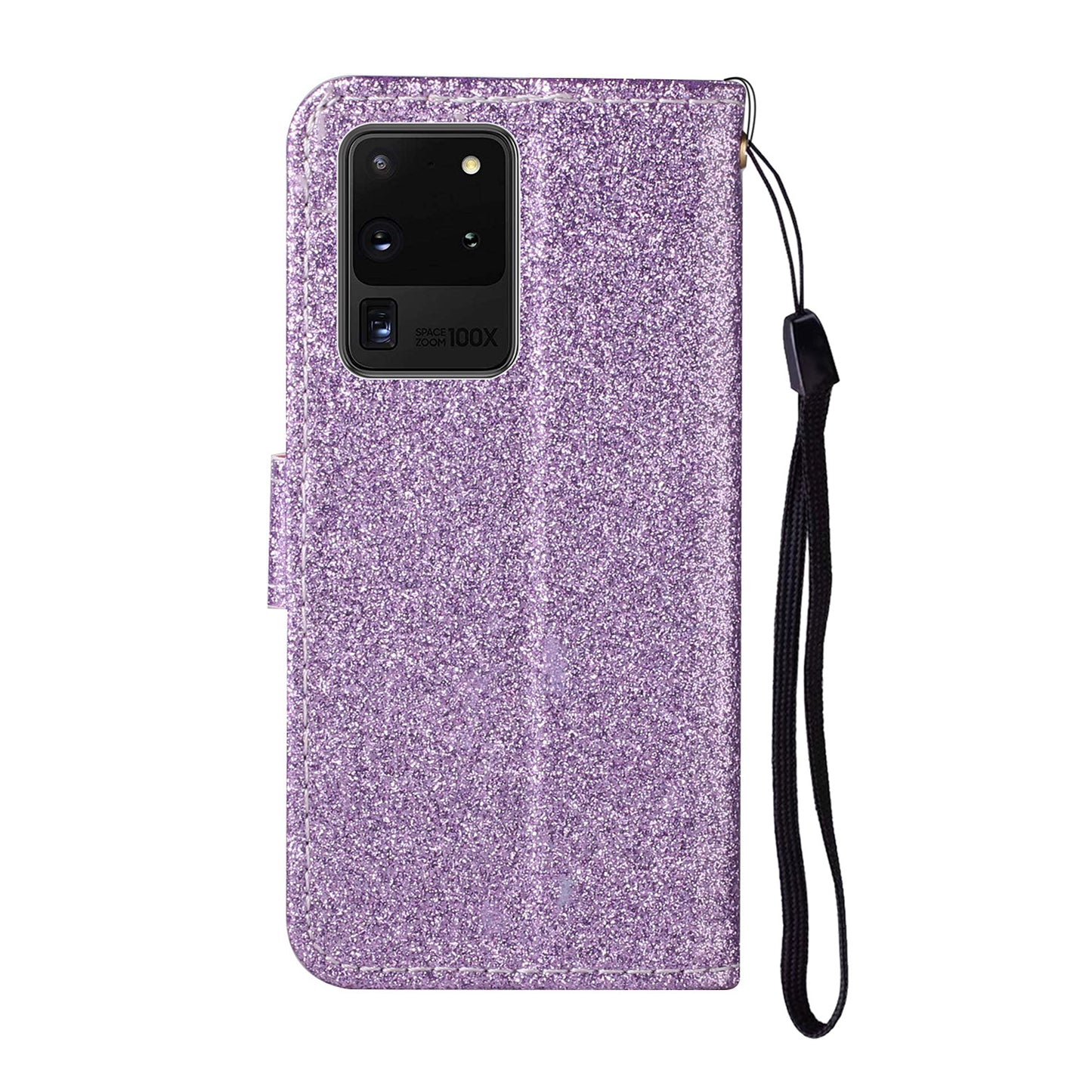 Glitter Powder Flower Decor Leather Stand Wallet Case for Samsung Galaxy S20 Ultra - Purple
