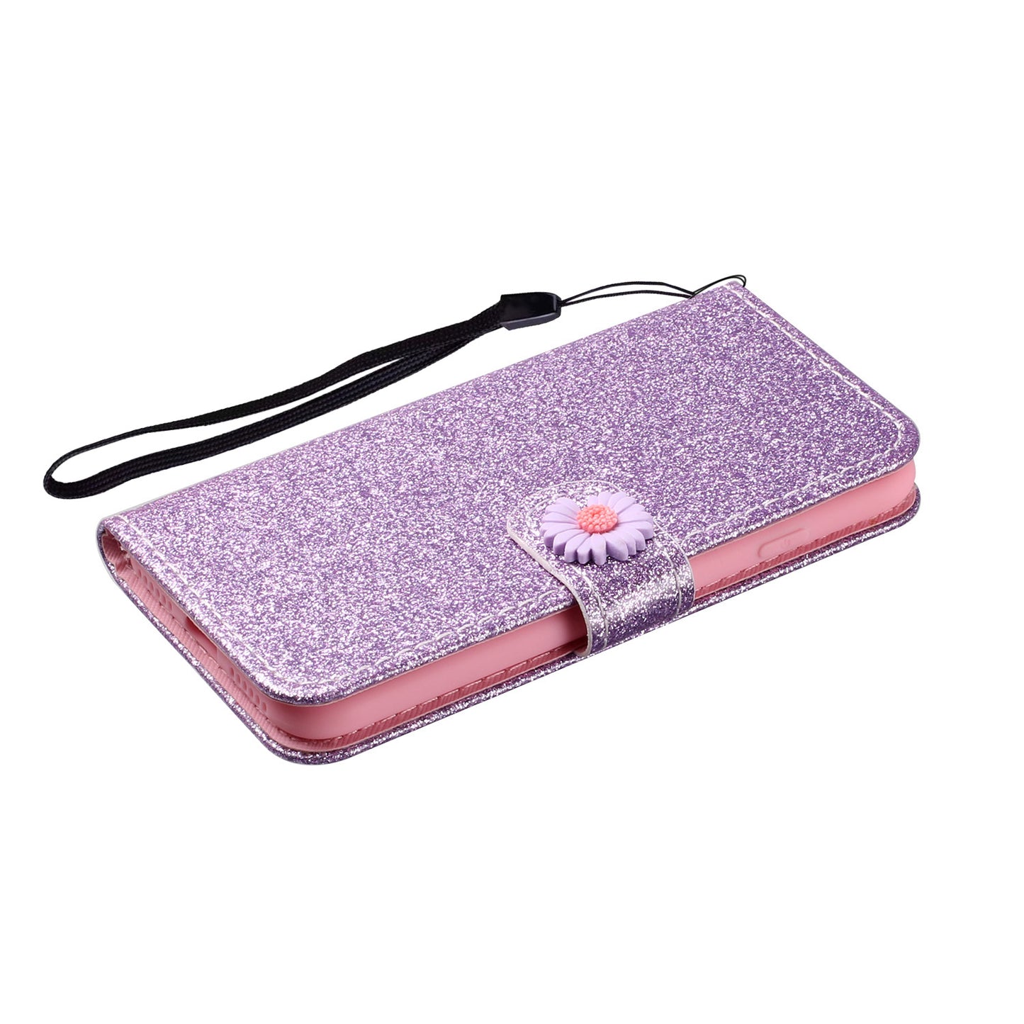 Glitter Powder Flower Decor Leather Stand Wallet Case for Samsung Galaxy S20 Ultra - Purple