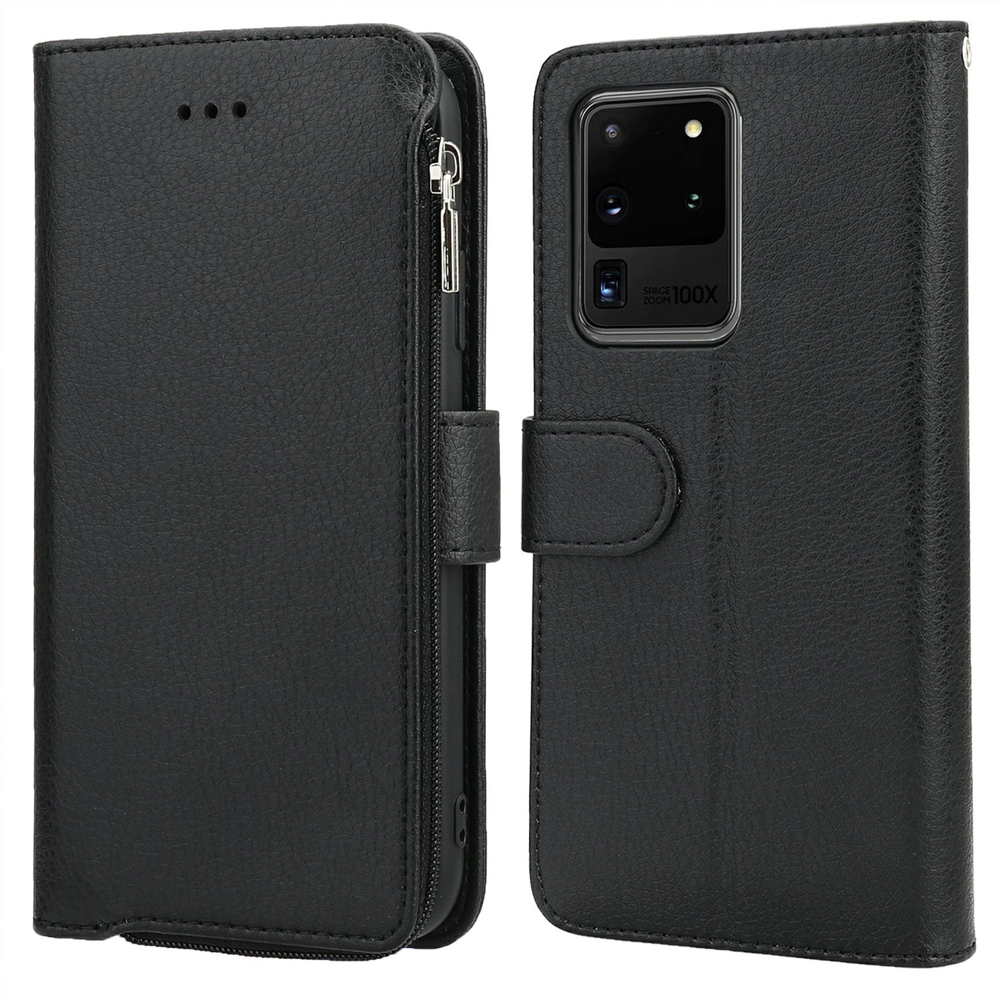 Microfiber Leather Phone Case Zipper Pocket Wallet for Samsung Galaxy S20 Ultra - Black