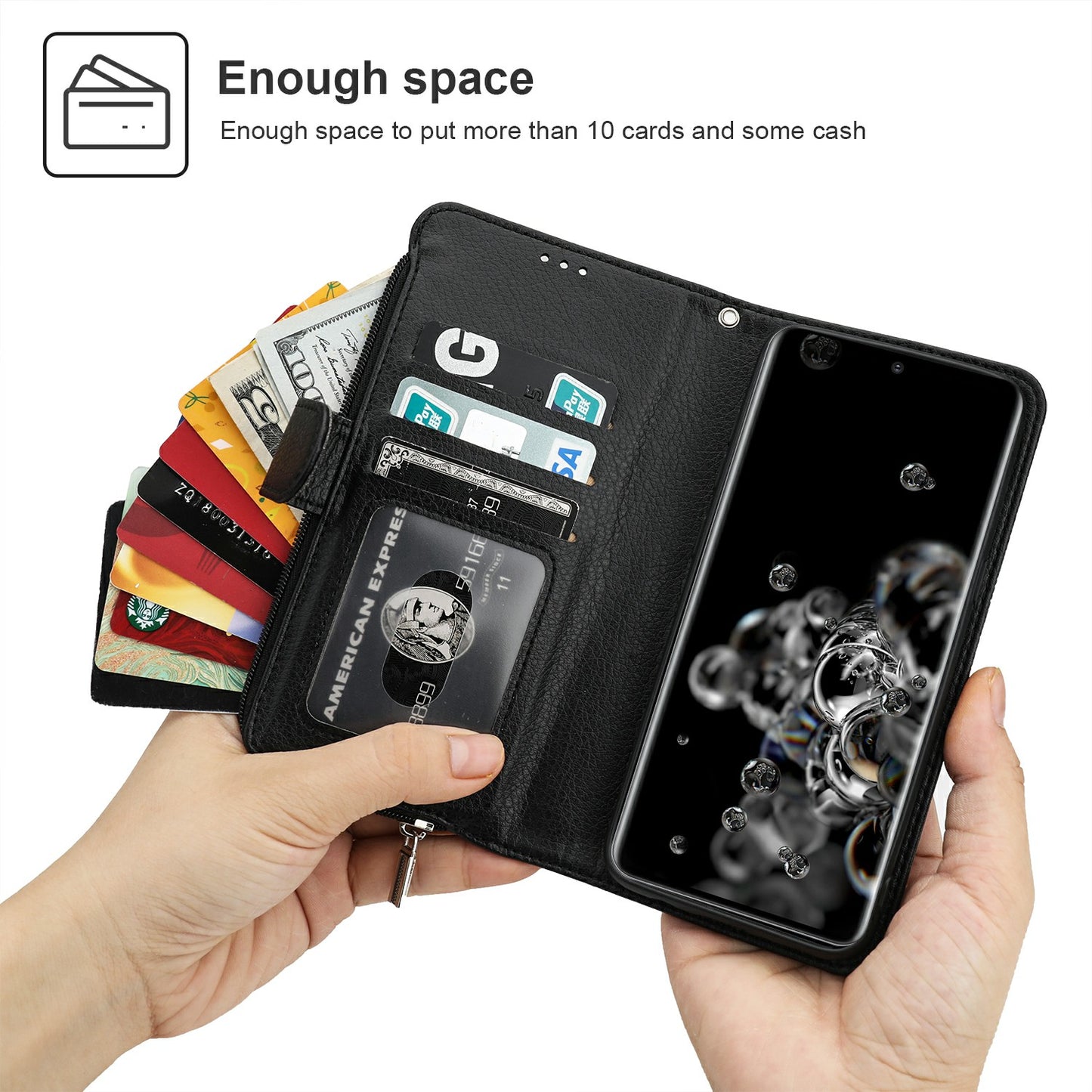 Microfiber Leather Phone Case Zipper Pocket Wallet for Samsung Galaxy S20 Ultra - Black