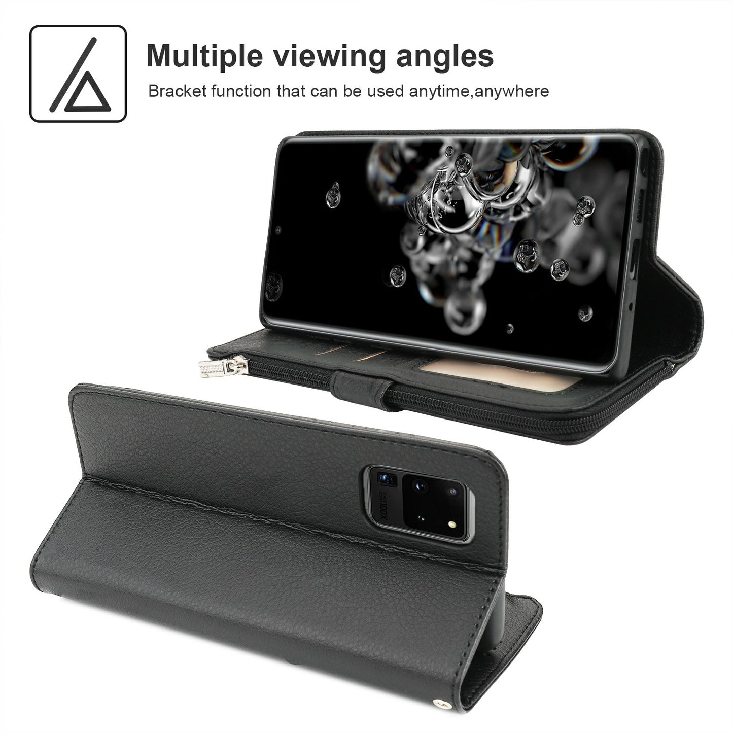 Microfiber Leather Phone Case Zipper Pocket Wallet for Samsung Galaxy S20 Ultra - Black