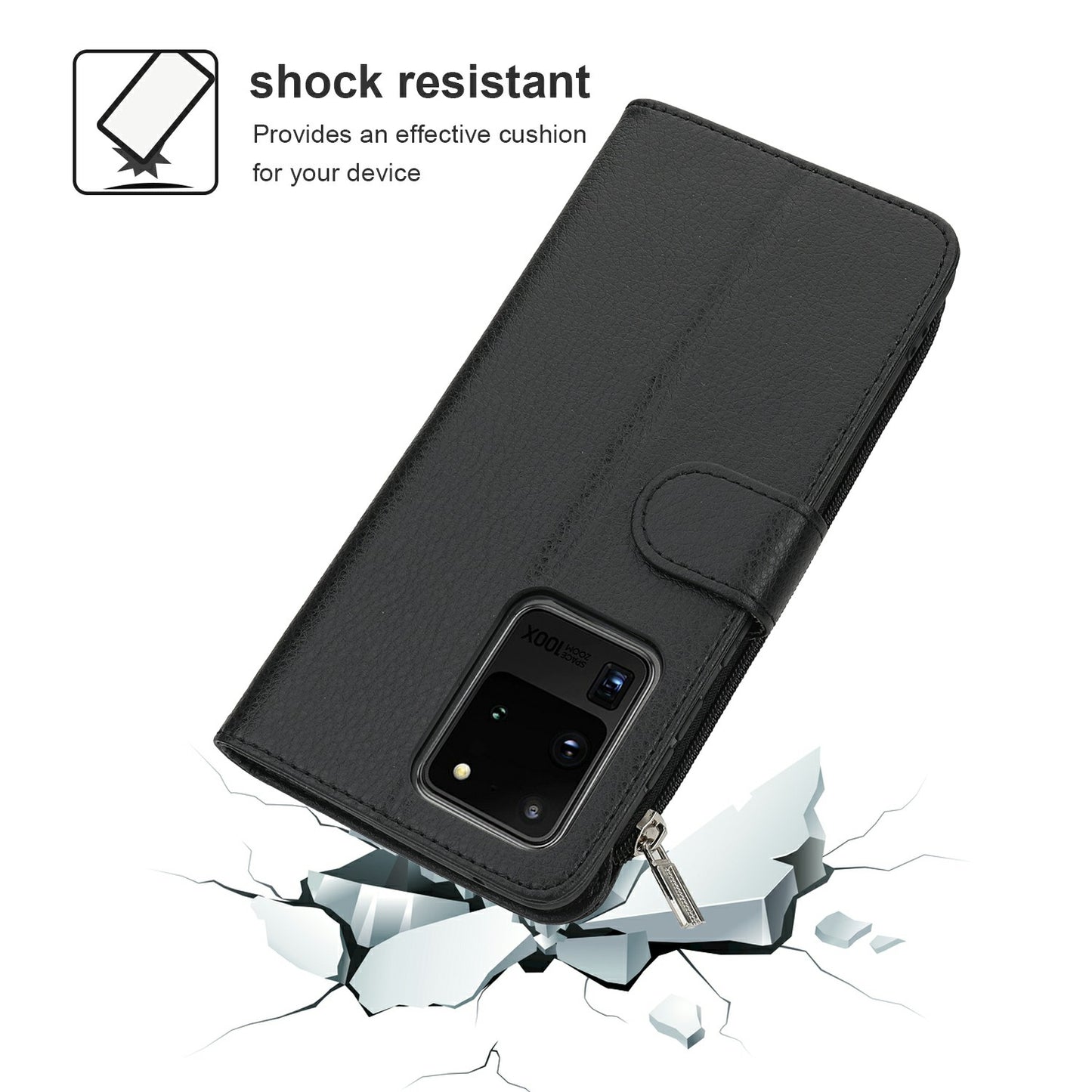 Microfiber Leather Phone Case Zipper Pocket Wallet for Samsung Galaxy S20 Ultra - Black