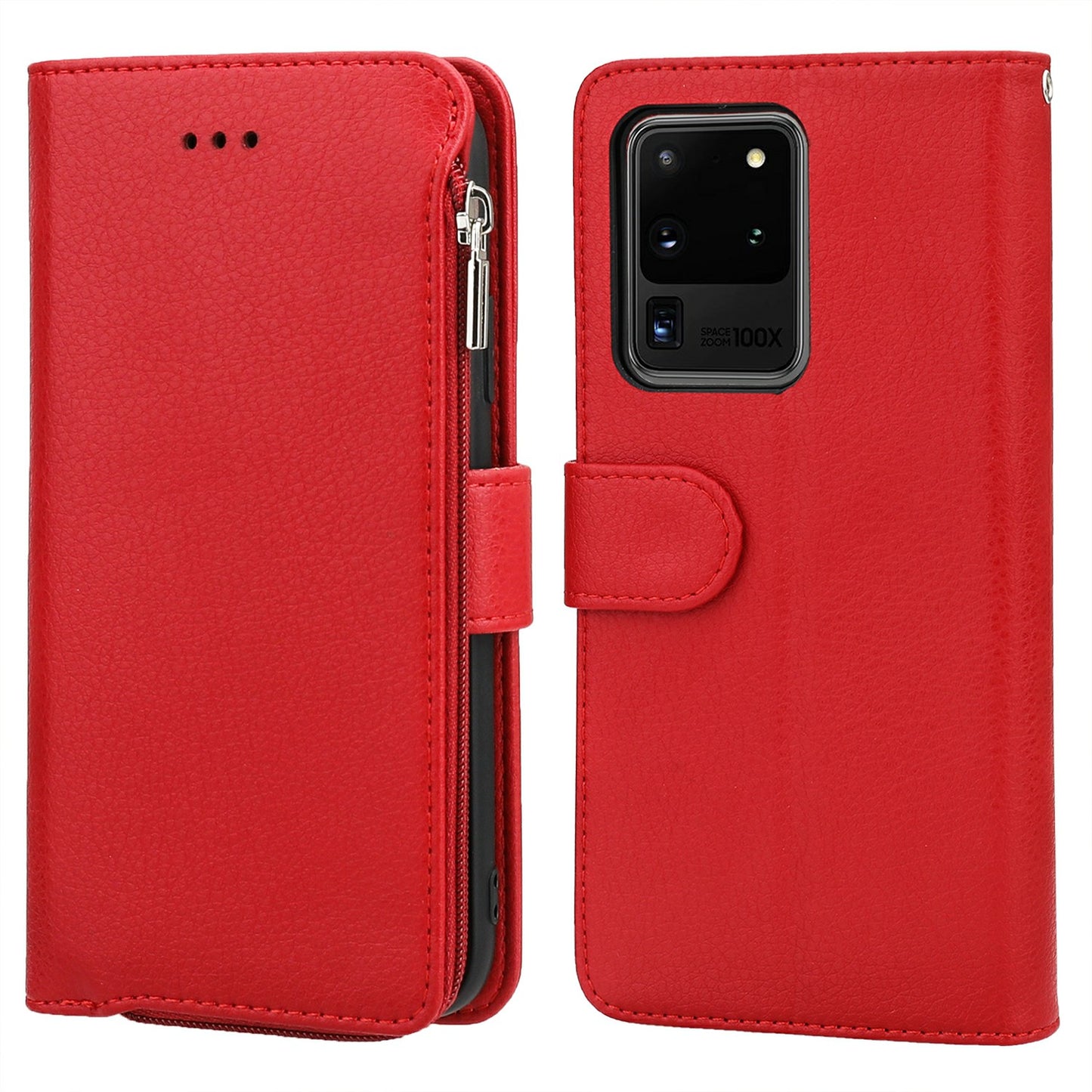 Microfiber Leather Phone Case Zipper Pocket Wallet for Samsung Galaxy S20 Ultra - Red