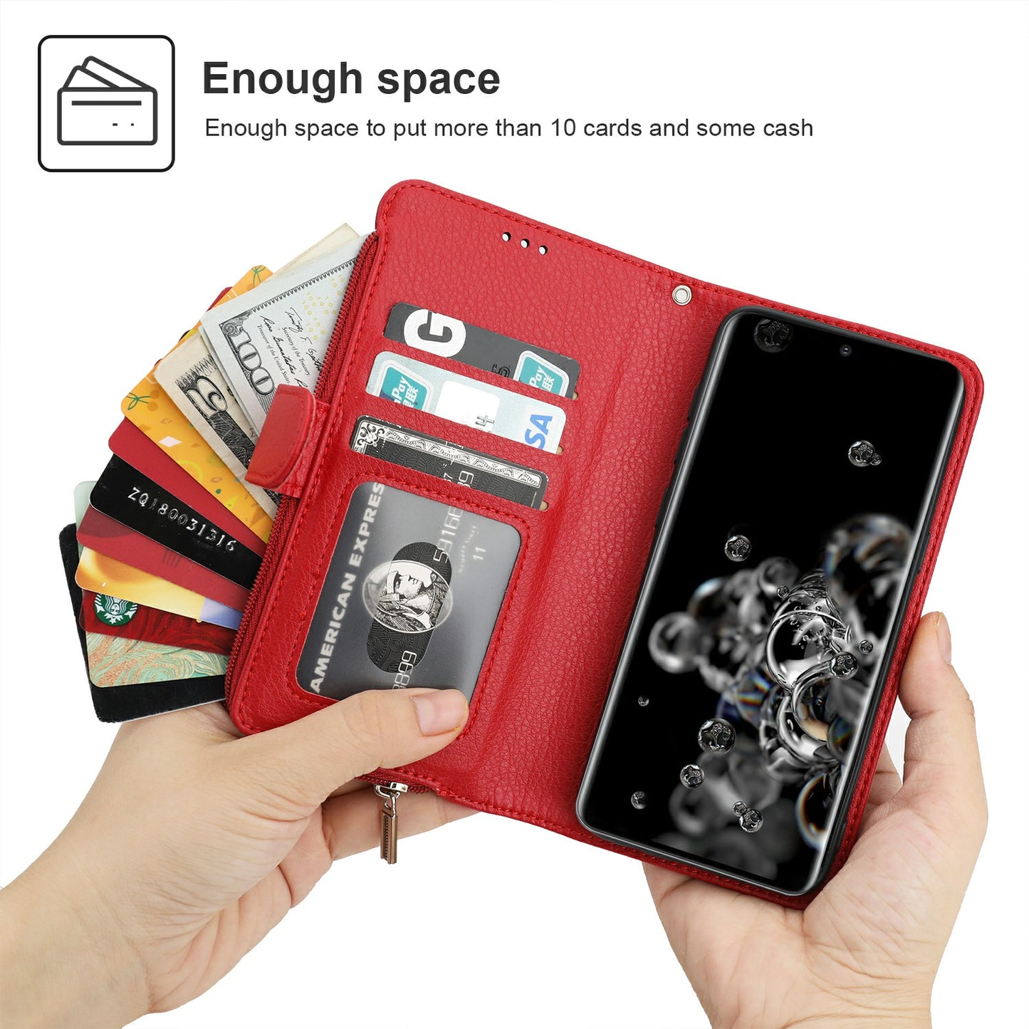Microfiber Leather Phone Case Zipper Pocket Wallet for Samsung Galaxy S20 Ultra - Red