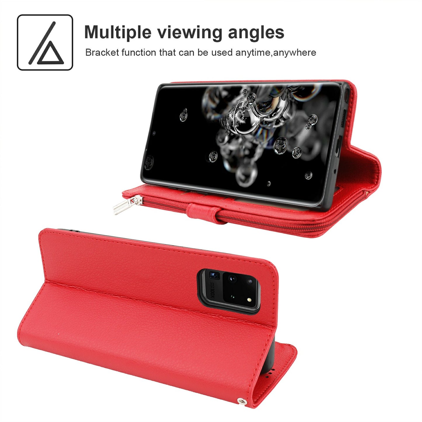 Microfiber Leather Phone Case Zipper Pocket Wallet for Samsung Galaxy S20 Ultra - Red