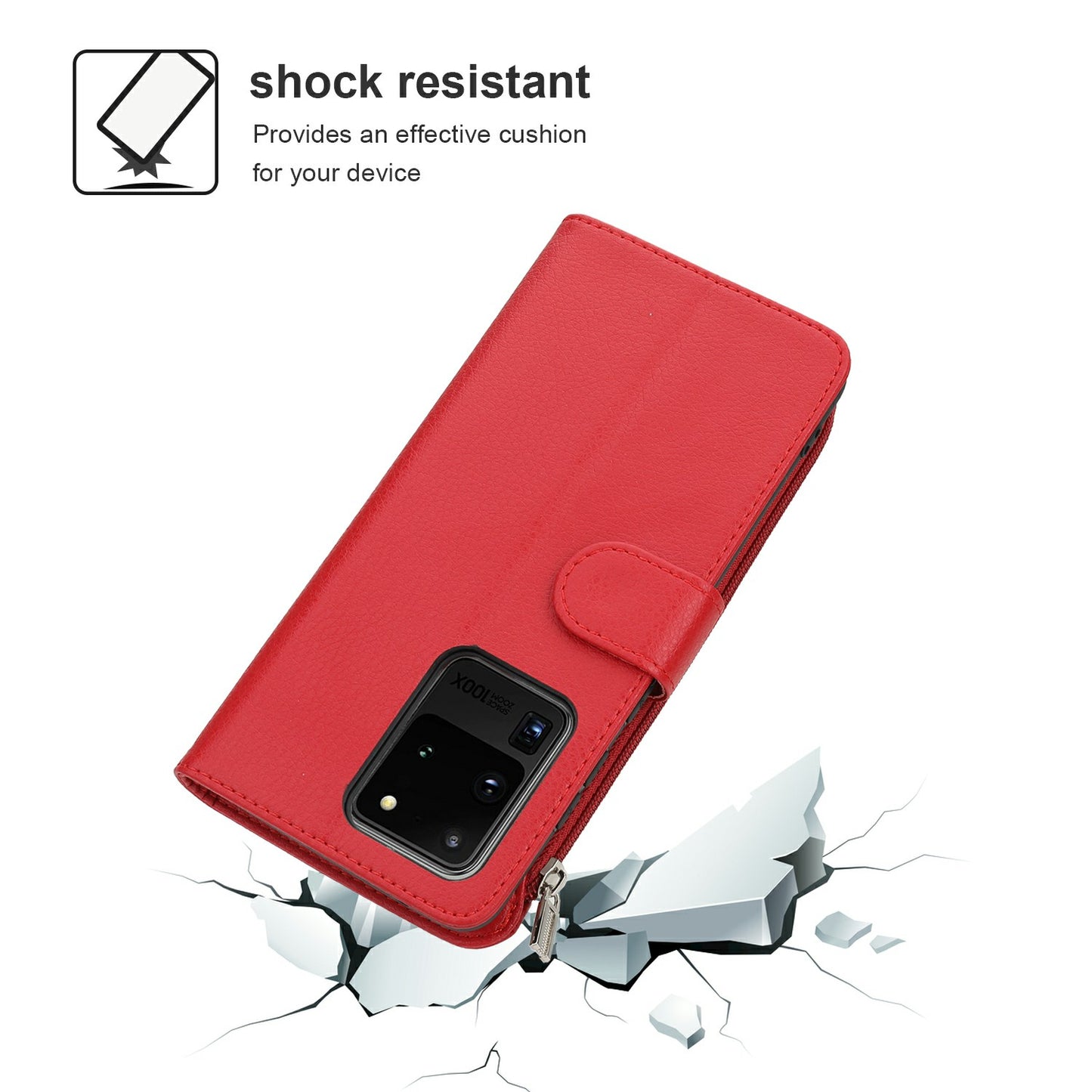 Microfiber Leather Phone Case Zipper Pocket Wallet for Samsung Galaxy S20 Ultra - Red