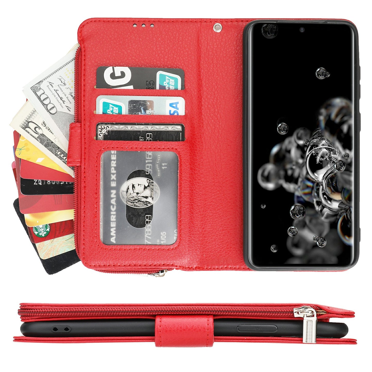 Microfiber Leather Phone Case Zipper Pocket Wallet for Samsung Galaxy S20 Ultra - Red