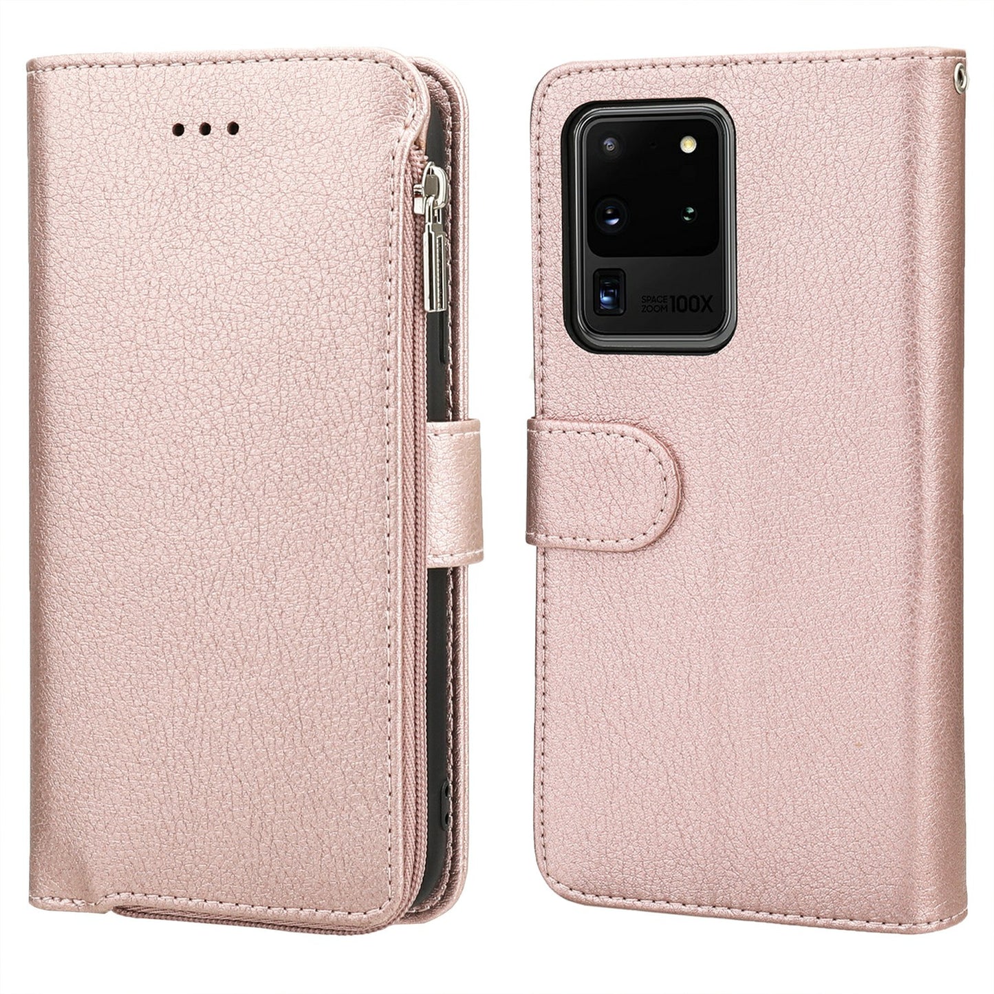 Microfiber Leather Phone Case Zipper Pocket Wallet for Samsung Galaxy S20 Ultra - Rose Gold