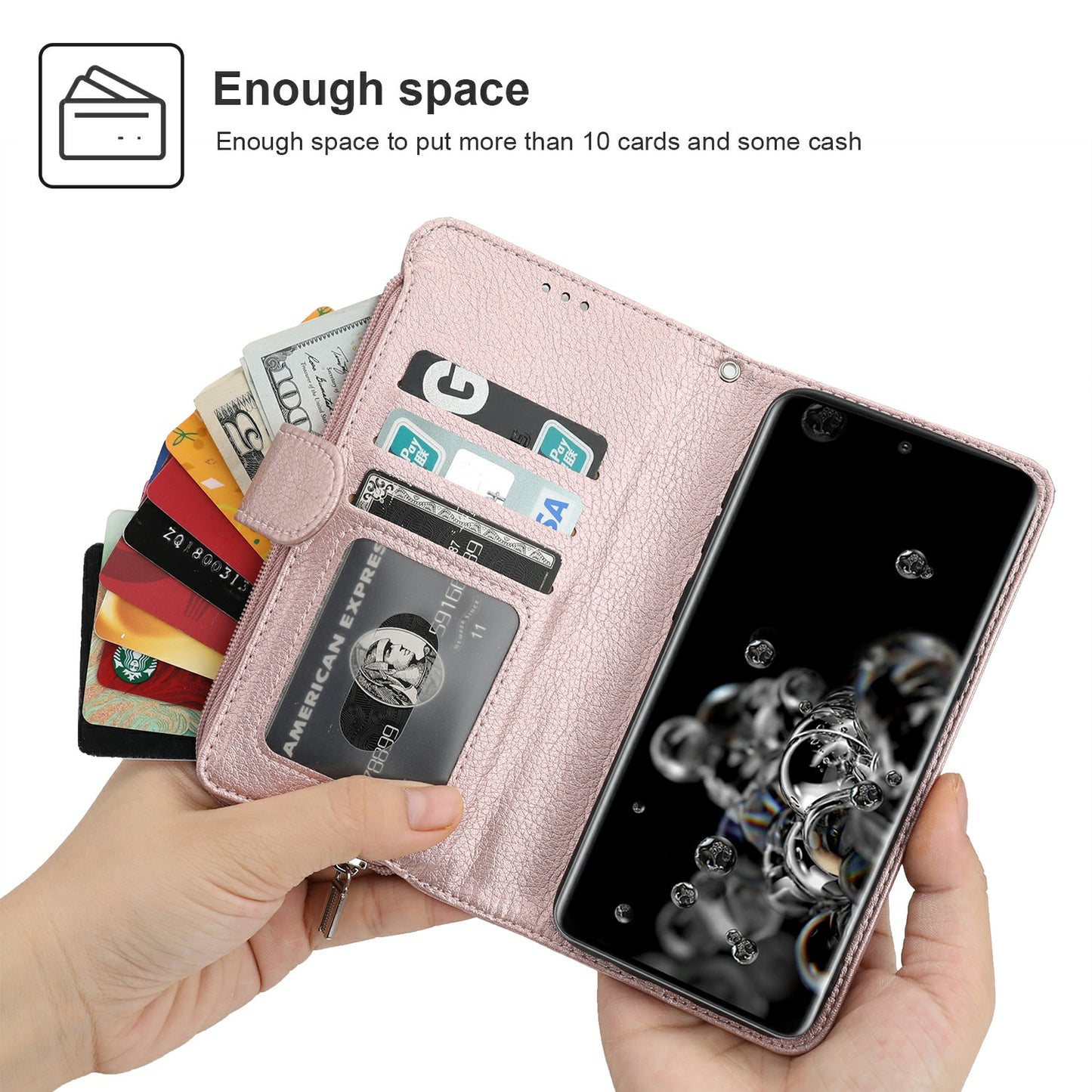 Microfiber Leather Phone Case Zipper Pocket Wallet for Samsung Galaxy S20 Ultra - Rose Gold