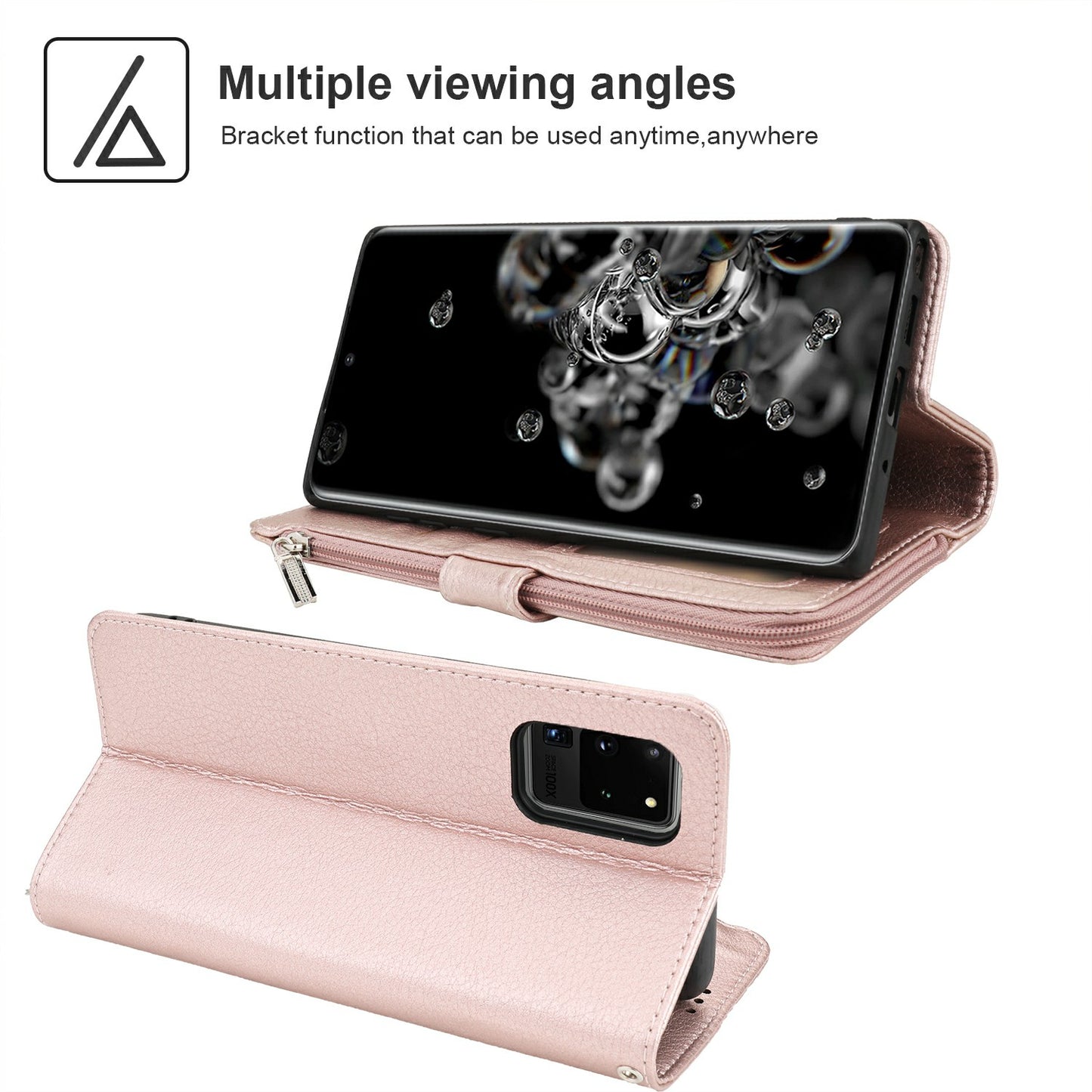 Microfiber Leather Phone Case Zipper Pocket Wallet for Samsung Galaxy S20 Ultra - Rose Gold