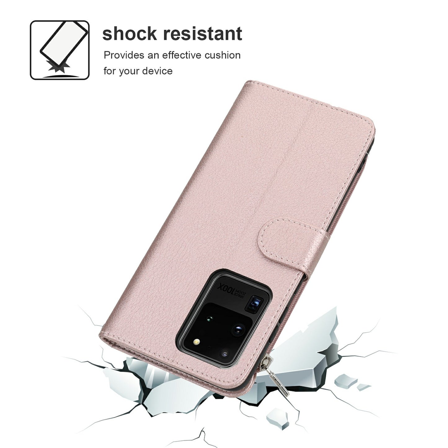 Microfiber Leather Phone Case Zipper Pocket Wallet for Samsung Galaxy S20 Ultra - Rose Gold
