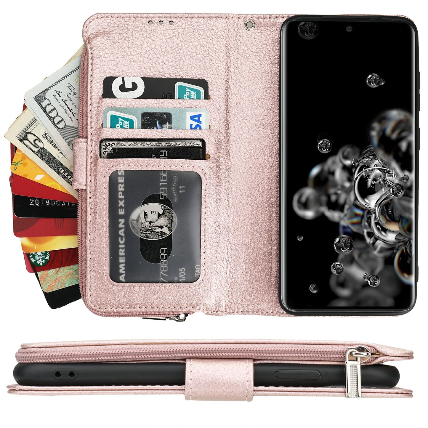 Microfiber Leather Phone Case Zipper Pocket Wallet for Samsung Galaxy S20 Ultra - Rose Gold