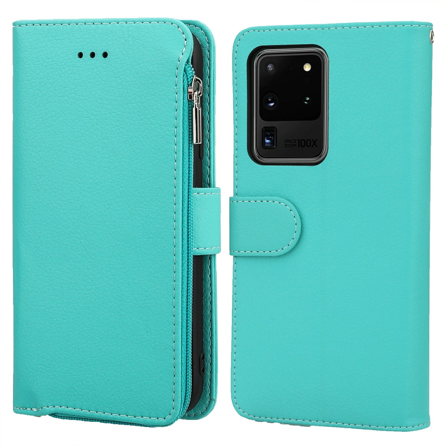 Microfiber Leather Phone Case Zipper Pocket Wallet for Samsung Galaxy S20 Ultra - Green