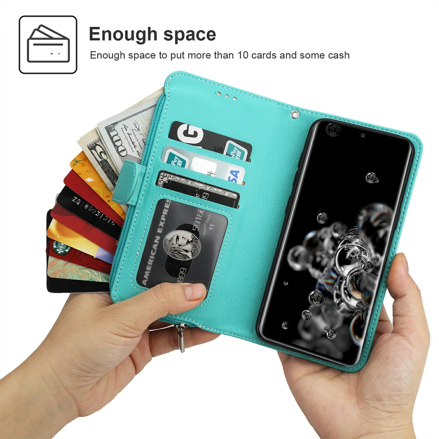 Microfiber Leather Phone Case Zipper Pocket Wallet for Samsung Galaxy S20 Ultra - Green