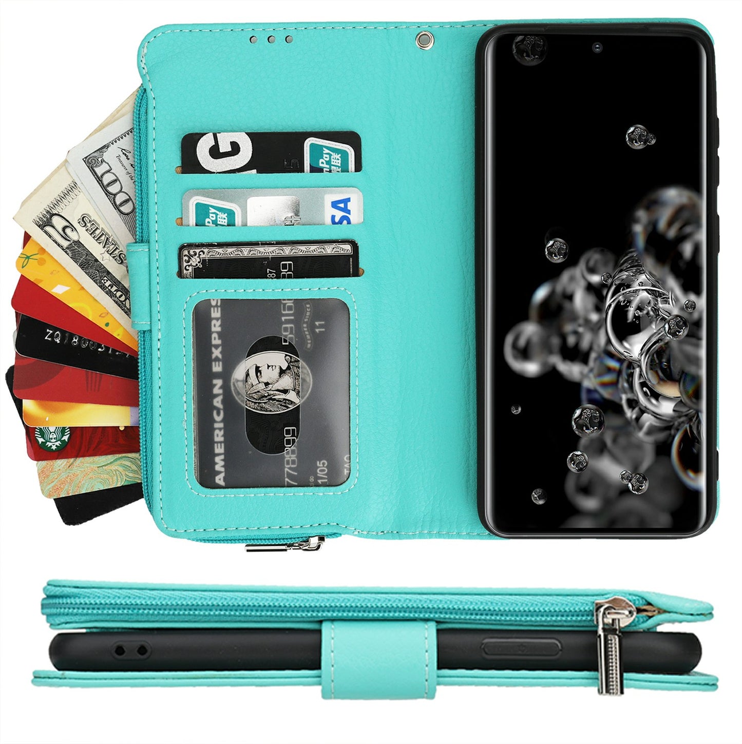 Microfiber Leather Phone Case Zipper Pocket Wallet for Samsung Galaxy S20 Ultra - Green
